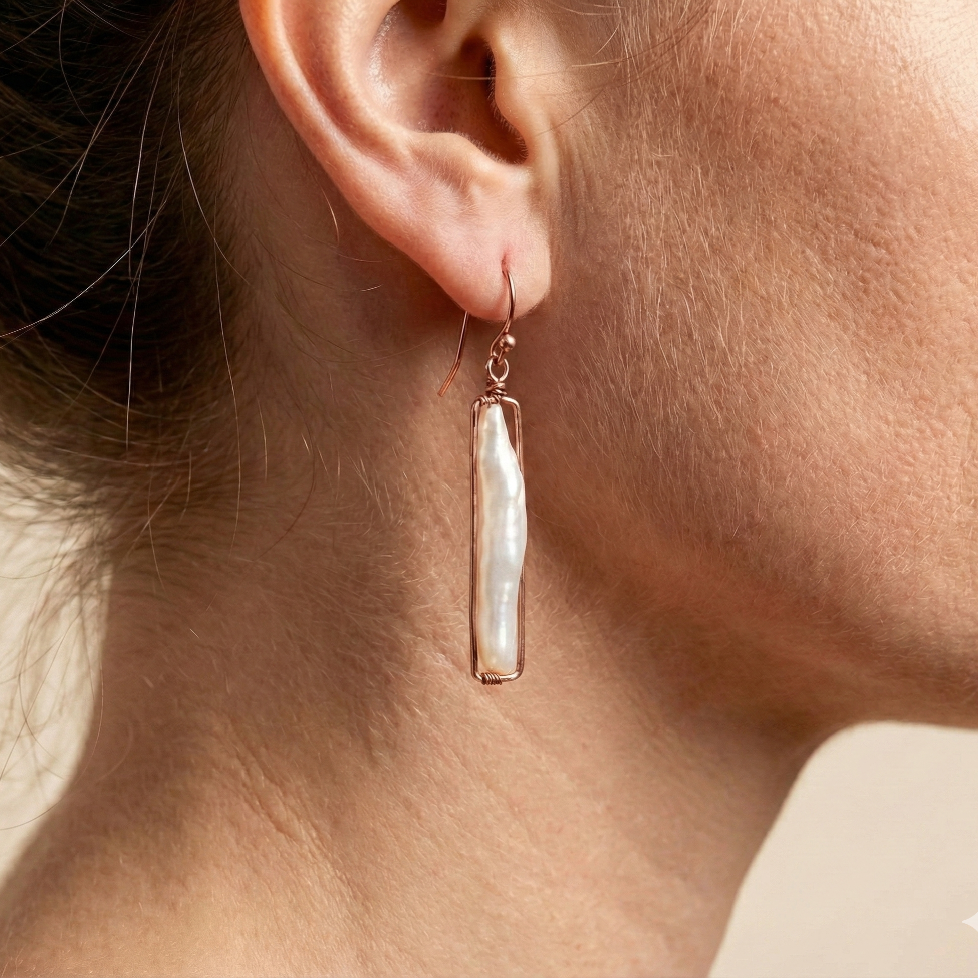 The Lustrous Meridian: Biwa Pearl & Rose Gold Frame Earrings