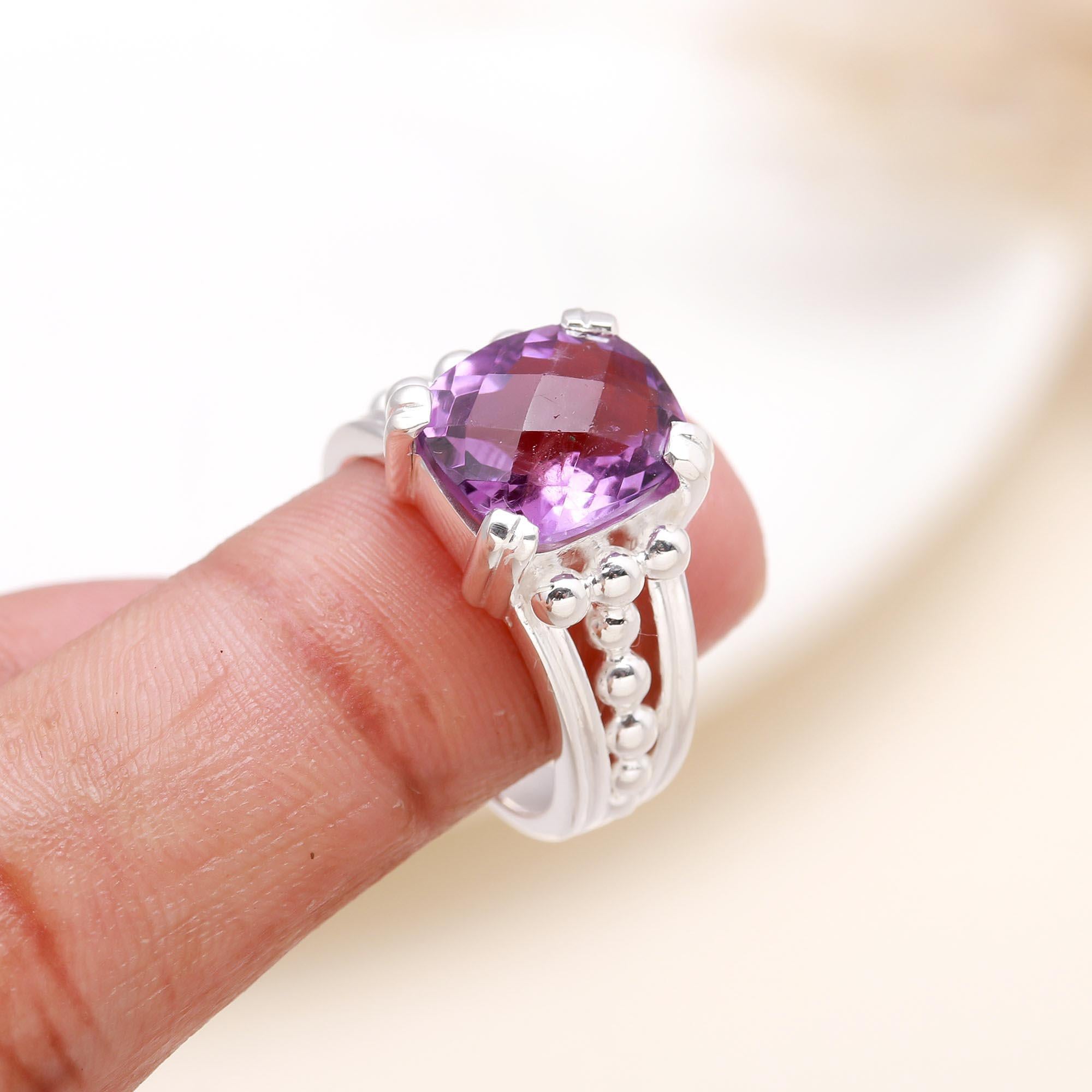 Cushion Amethyst: Vintage Style Beaded Ring