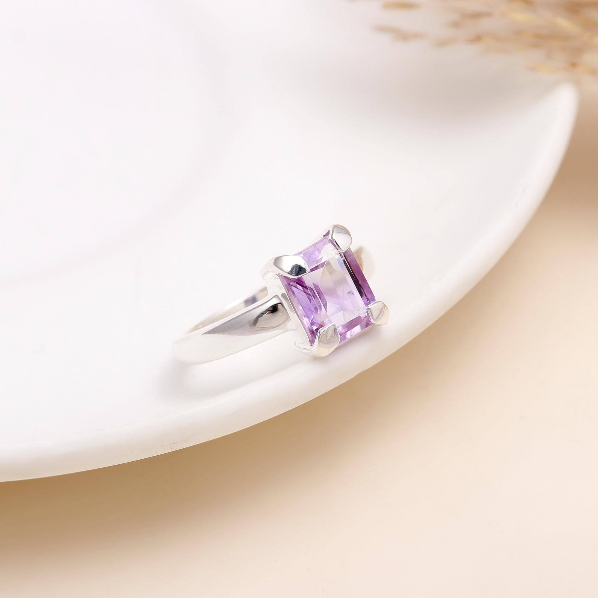 Emerald Cut Amethyst: Elegant Prong Set Ring