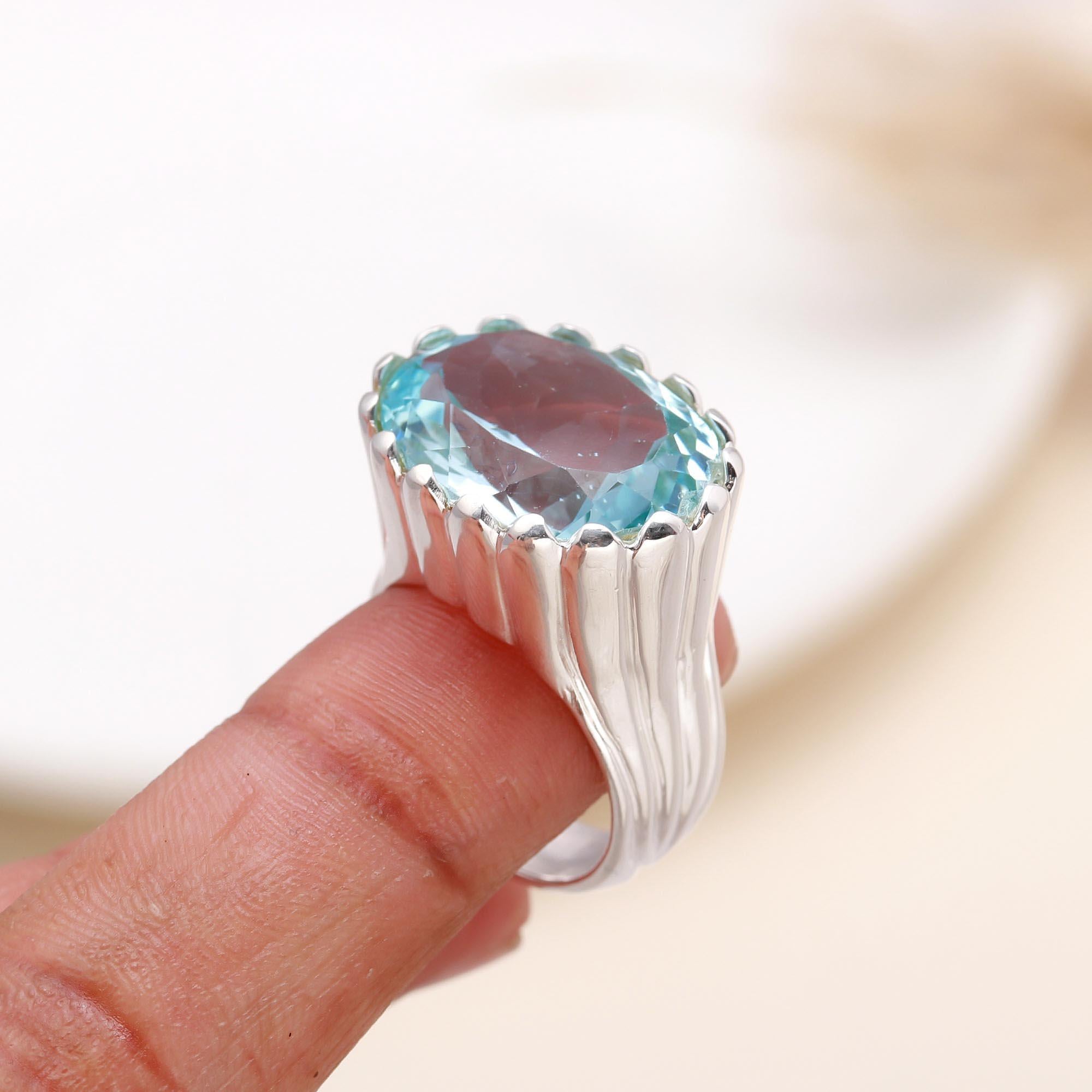 Oval Blue Topaz: High Profile Fluted Ring