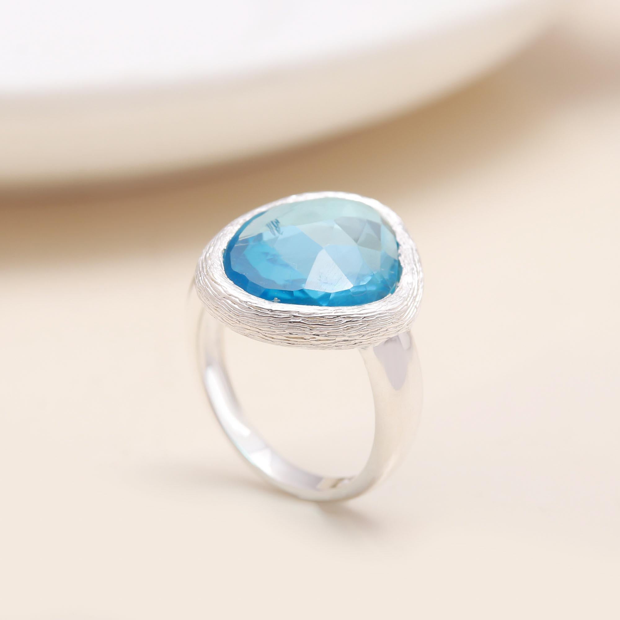 Organic Blue Topaz: Brushed Silver Cocktail Ring
