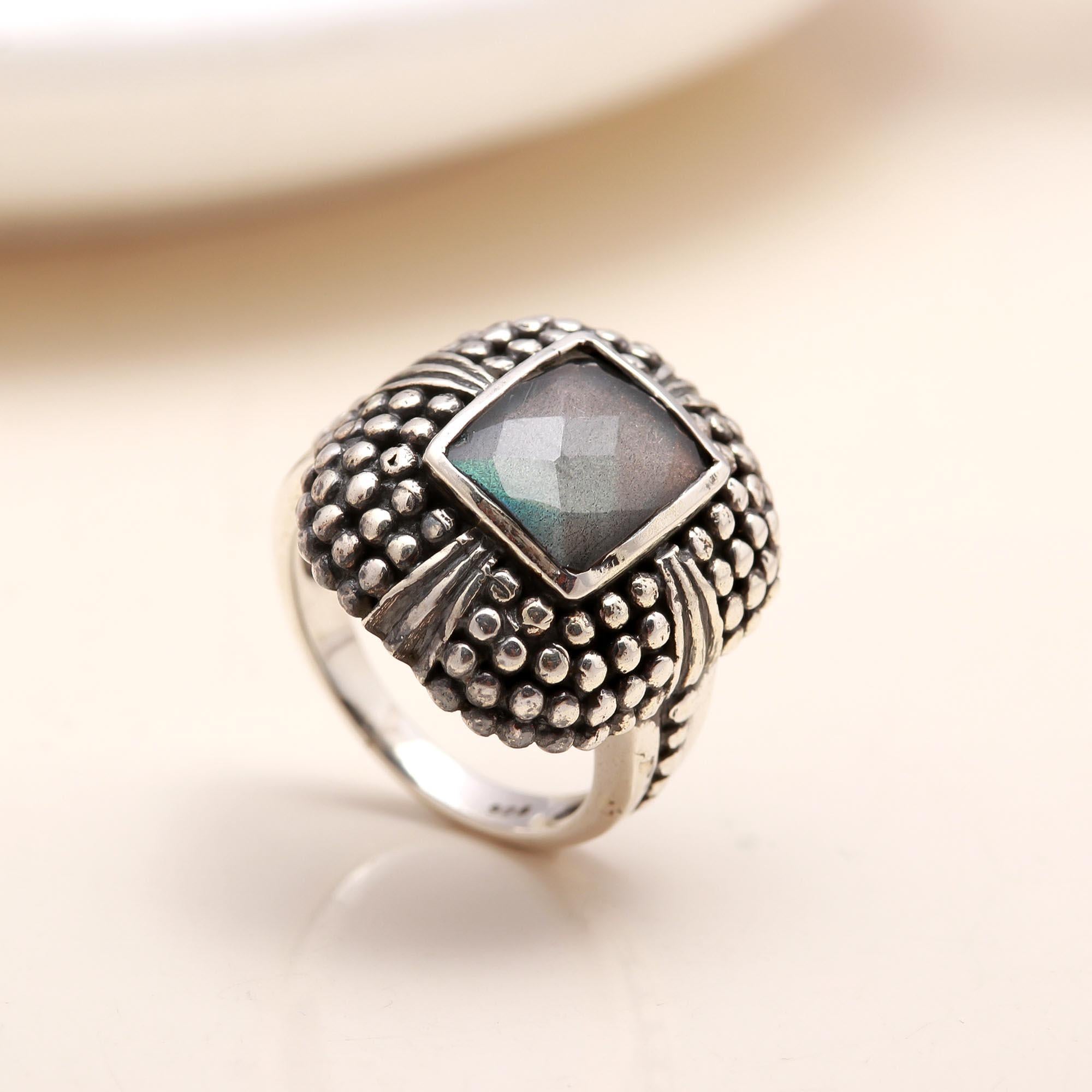 The Labradorite Shield: Vintage Granulation Statement Ring