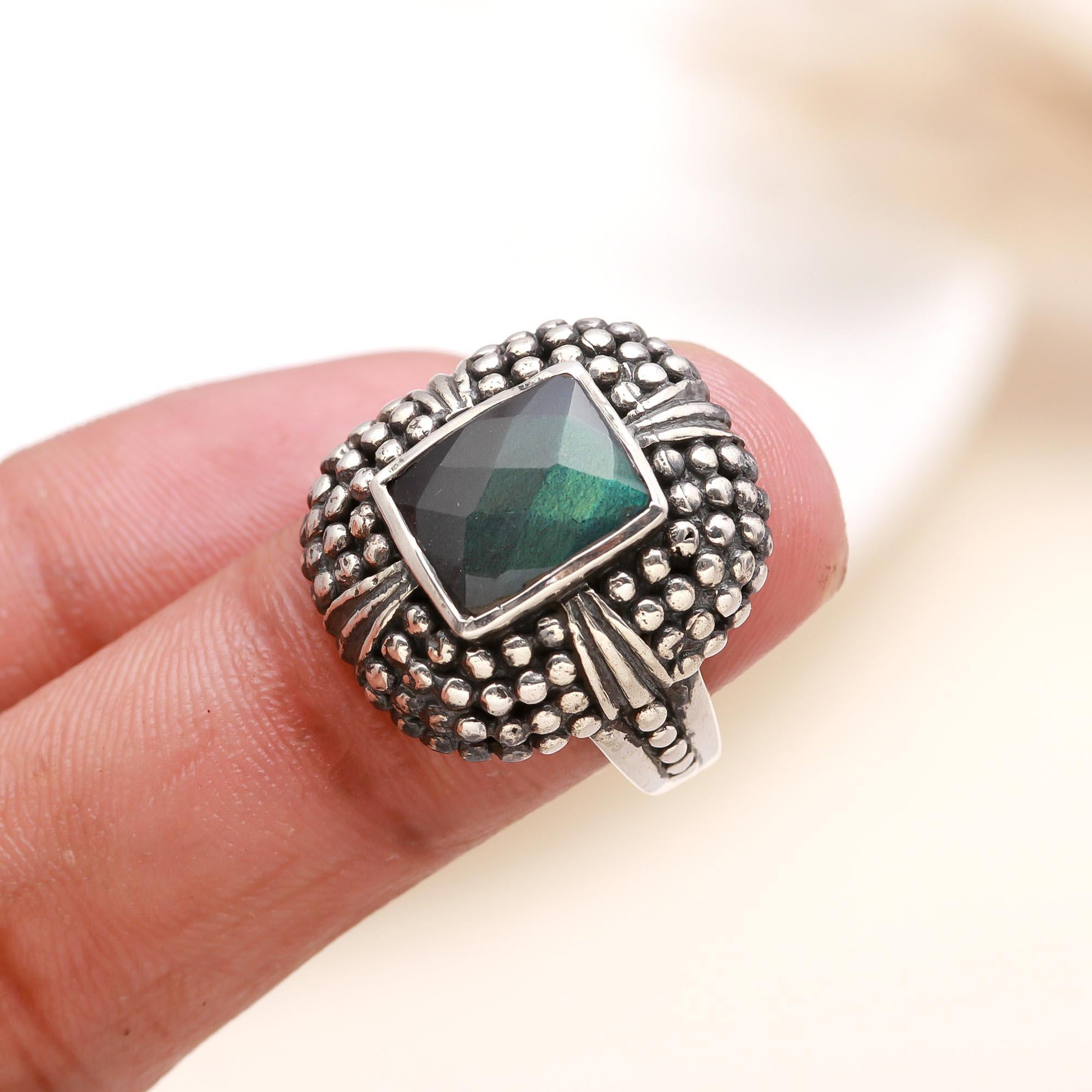 The Labradorite Shield: Vintage Granulation Statement Ring