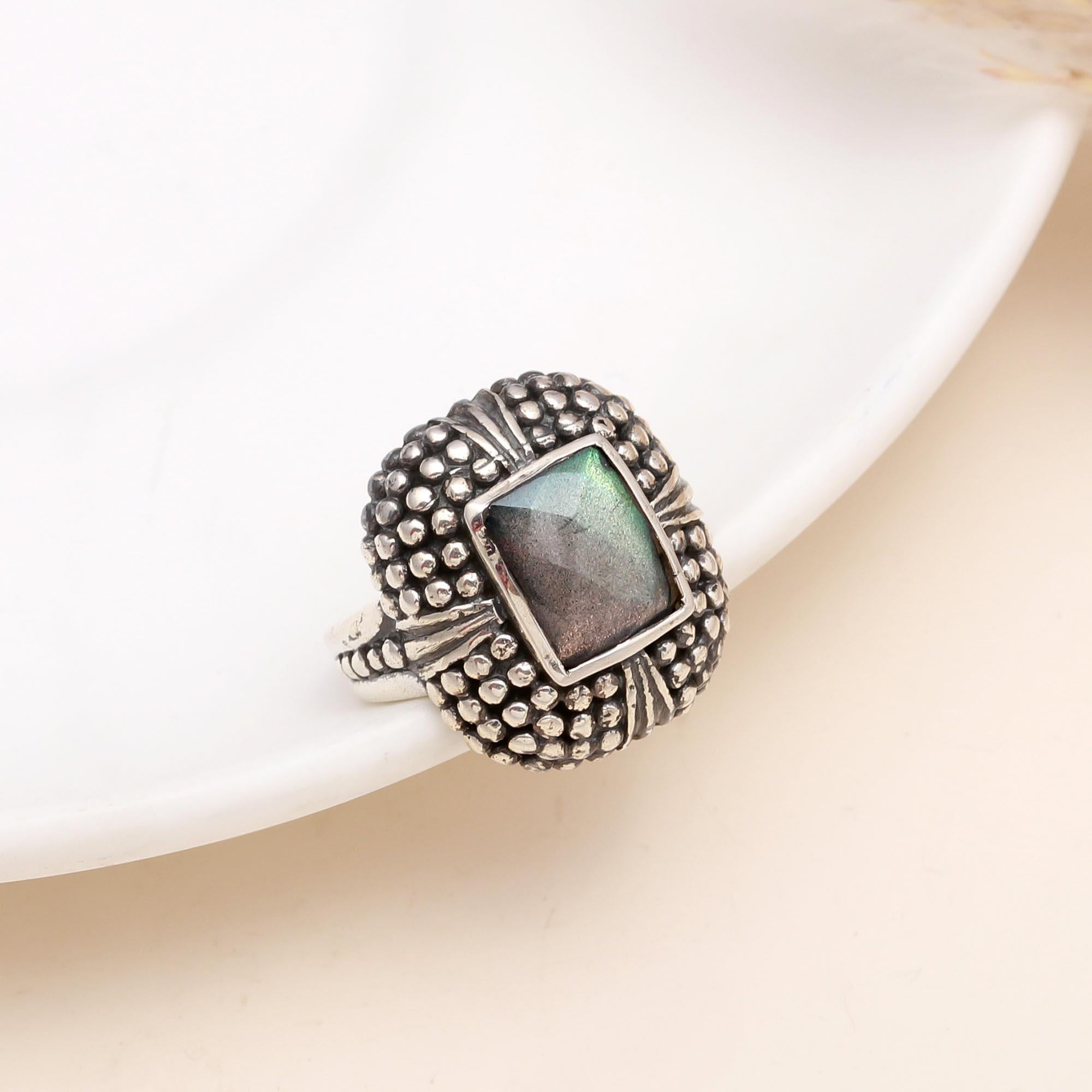 The Labradorite Shield: Vintage Granulation Statement Ring