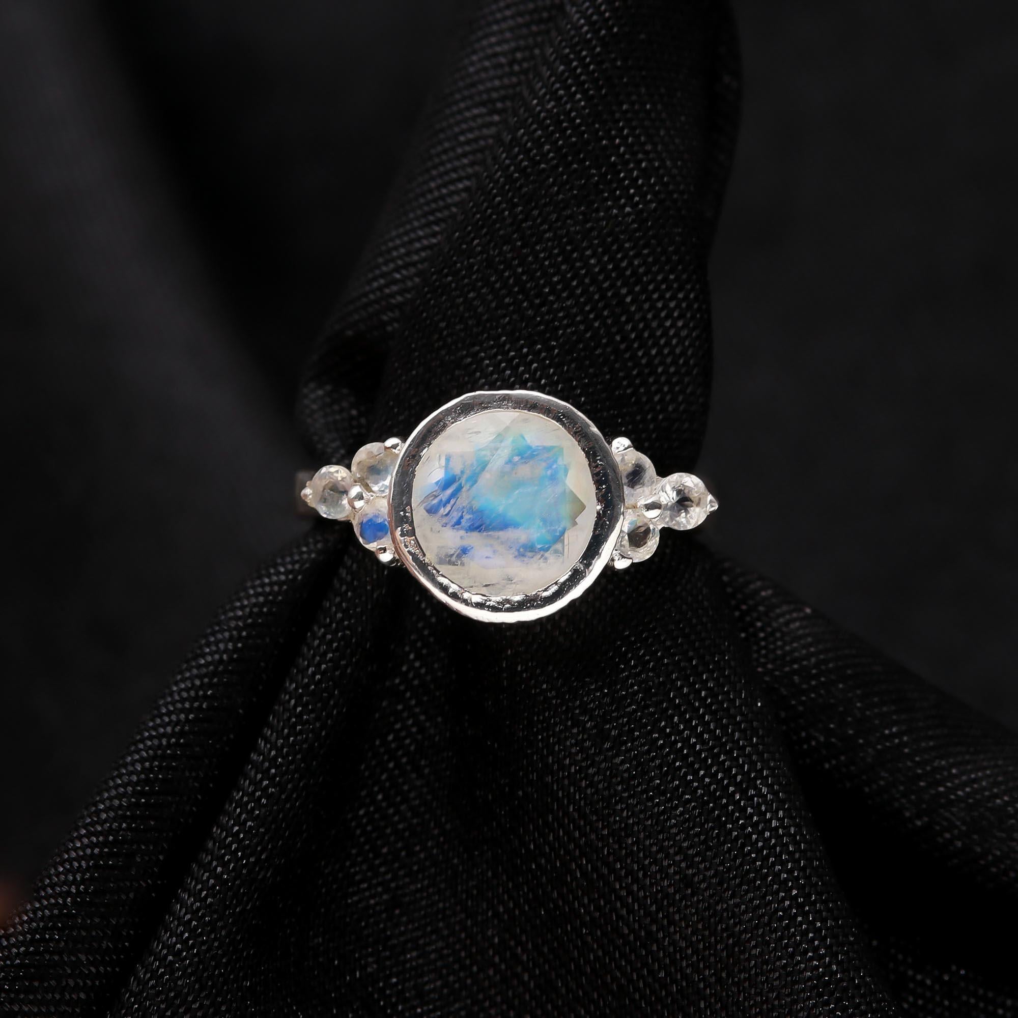 Rainbow Moonstone & Topaz: Textured Three Stone Ring
