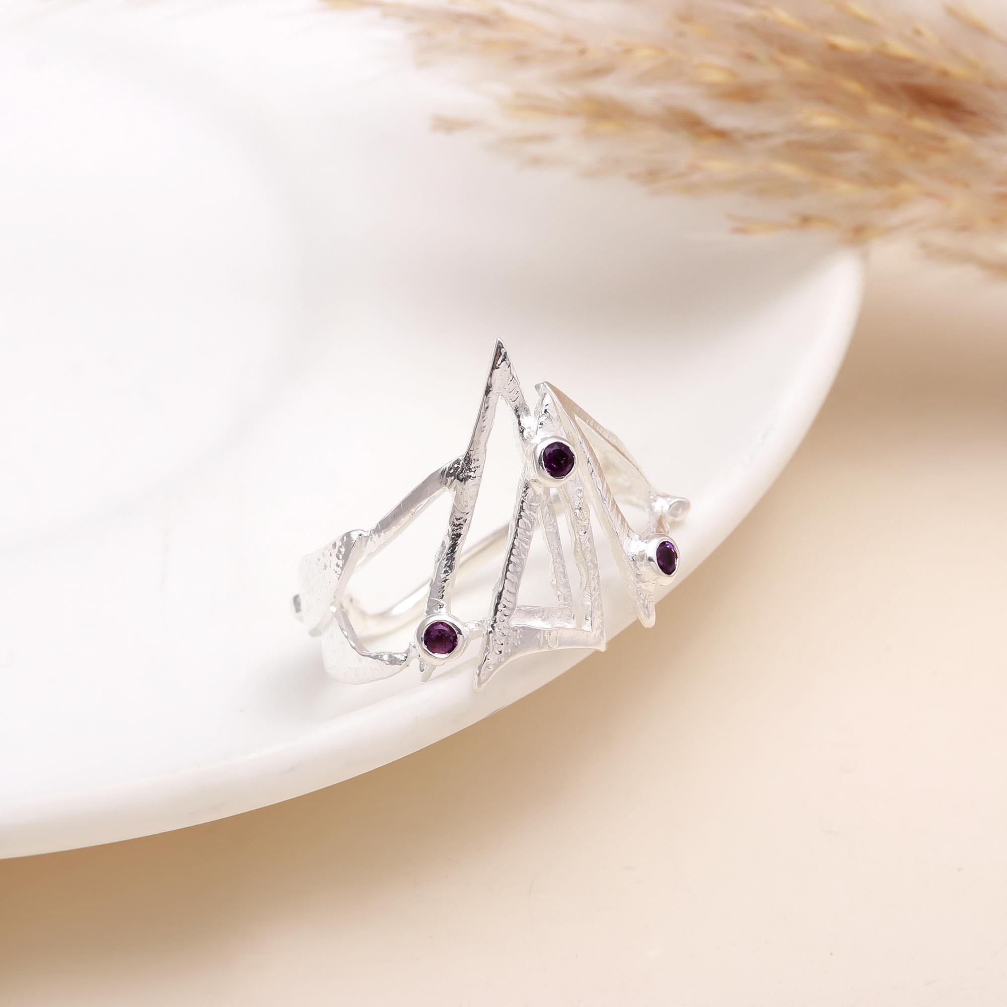 Amethyst Accents: Abstract Triangle Wire Ring