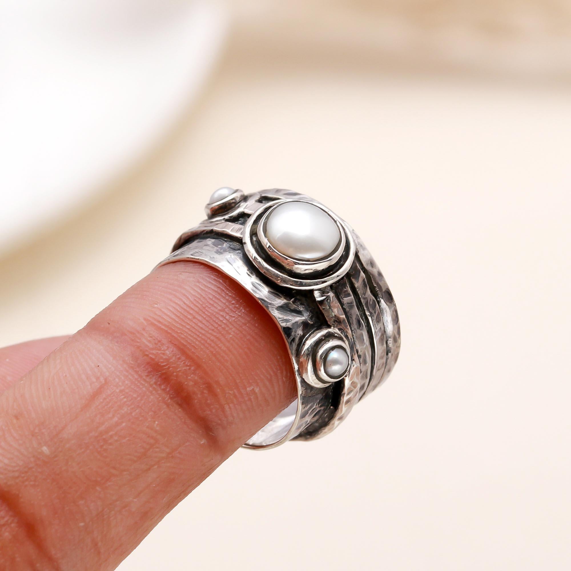 The Pearl Meditation: Wide Band Silver Spinner Ring