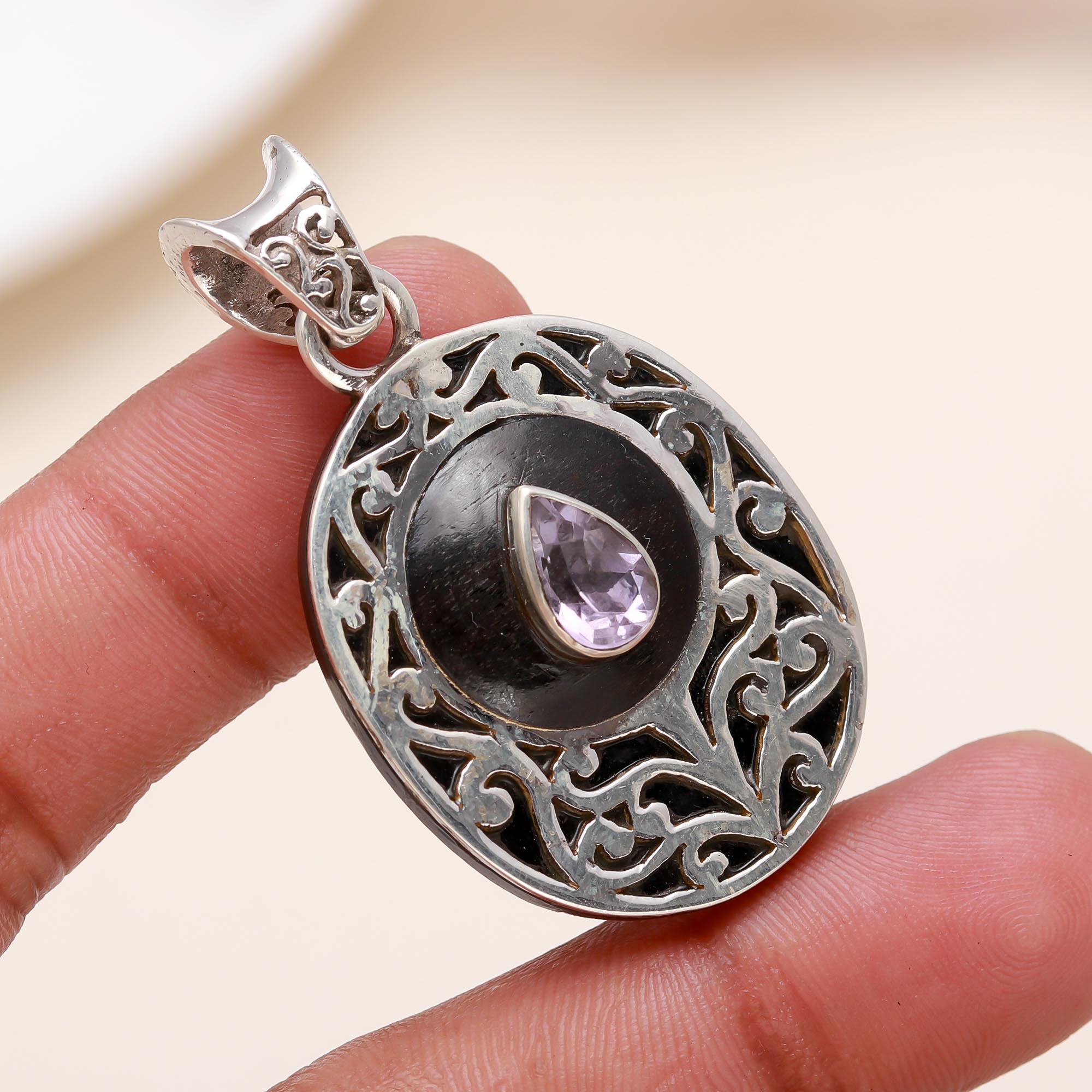 The Violet Ebony: Amethyst & Ebony Wood Silver Pendant