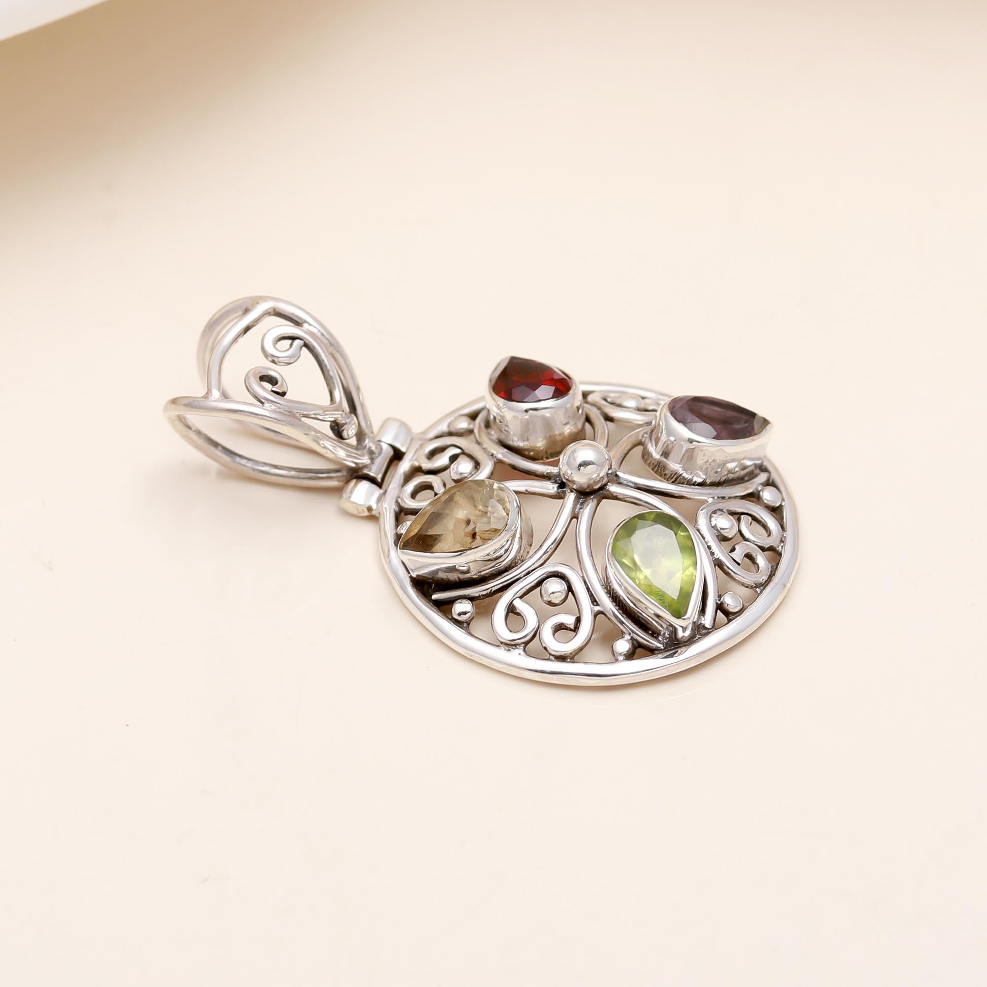 The Elemental Mosaic: Multi-Gemstone Ornate Silver Pendant