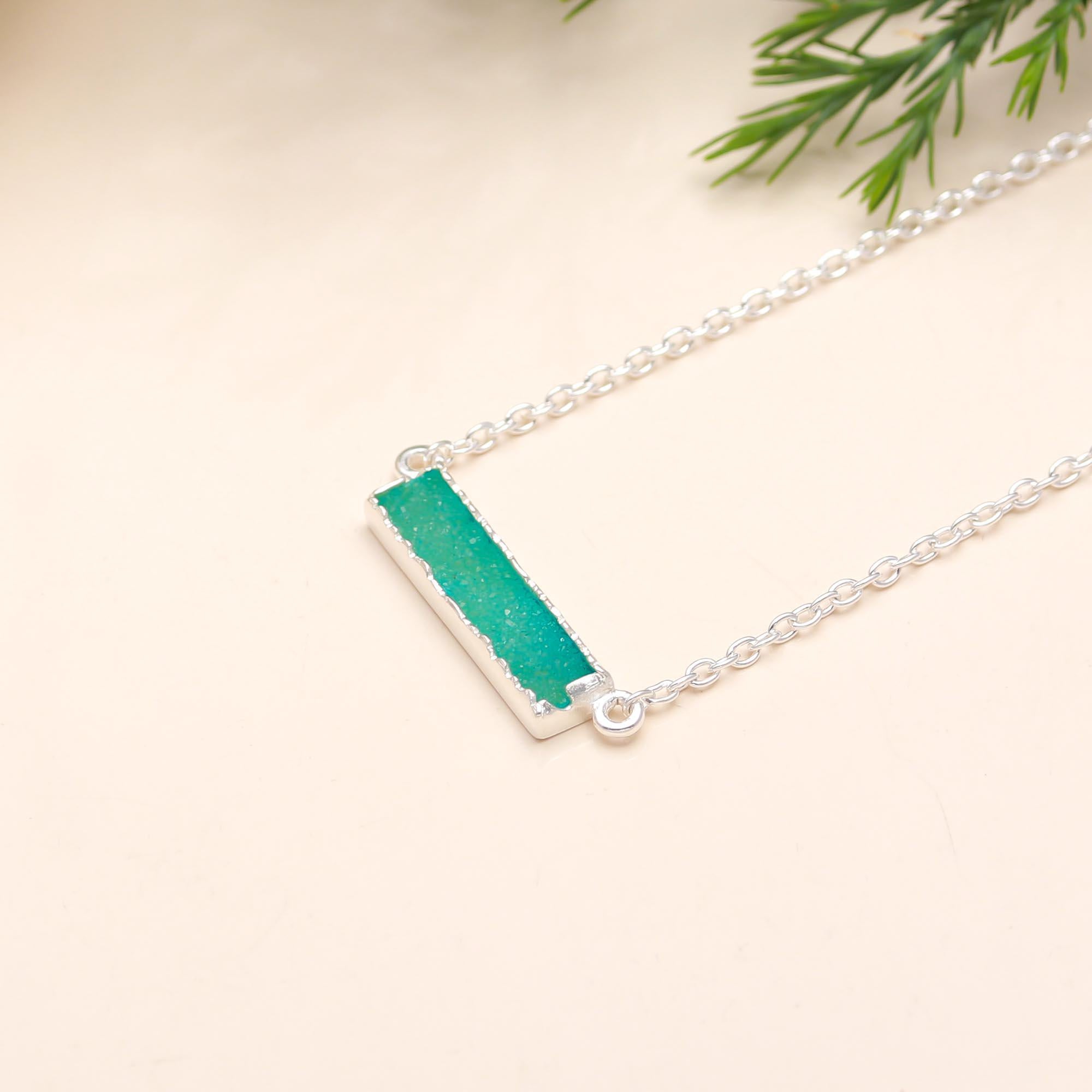 The Verdant Stardust: Green Drusy Bar Silver Necklace