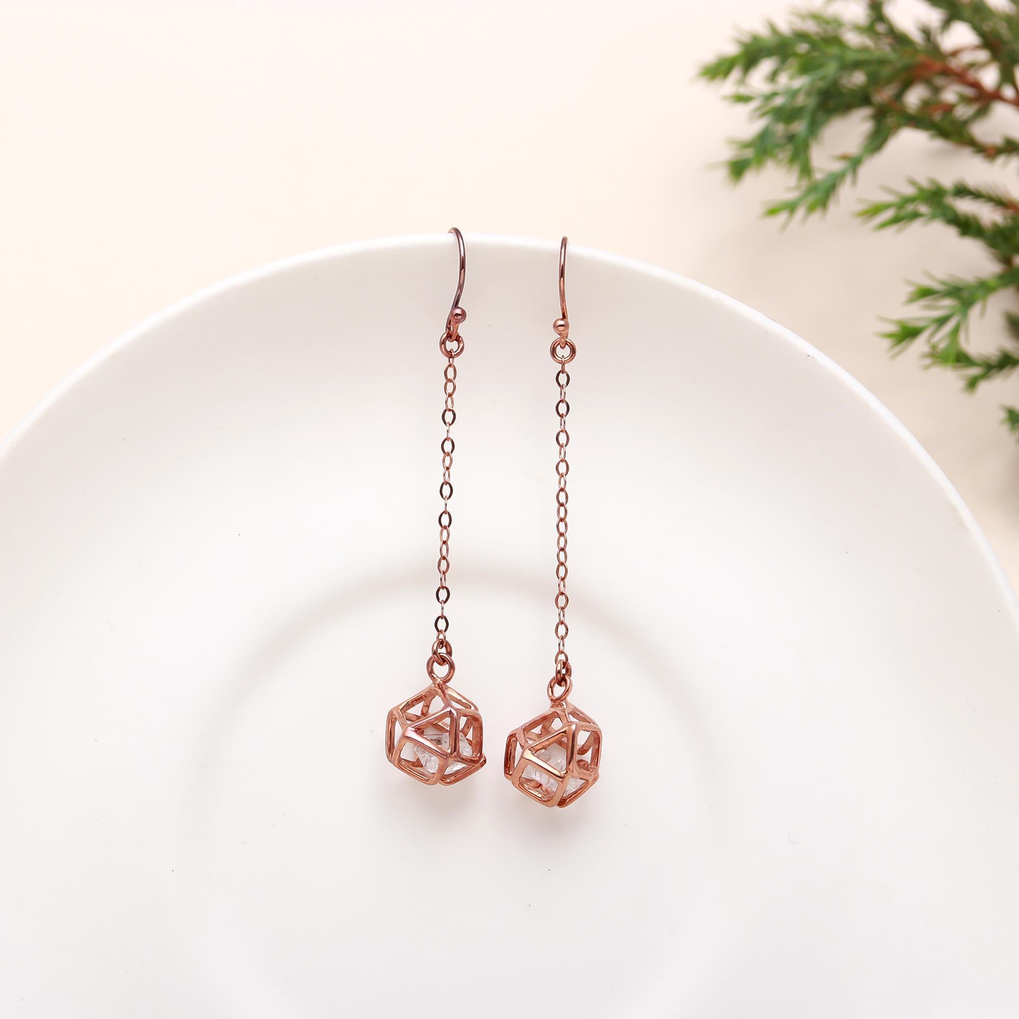 925 Sterling Silver Herkimer Diamond Cage Earrings Handmade Long Drop Earrings