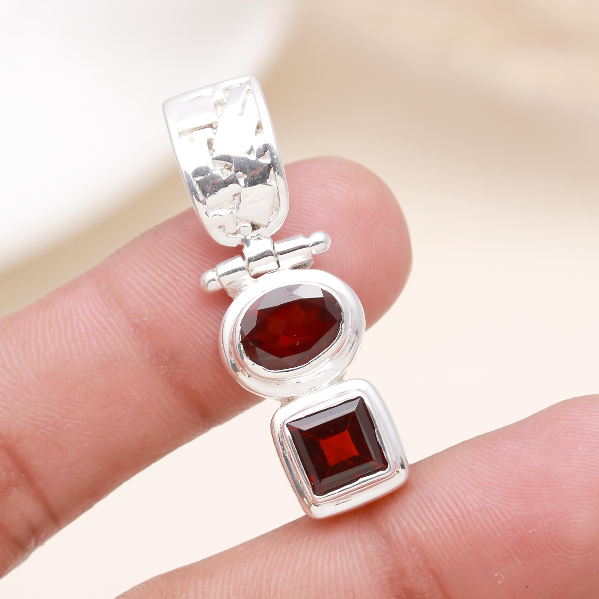 The Geometric Duo : Square & Round Garnet Drop Pendant