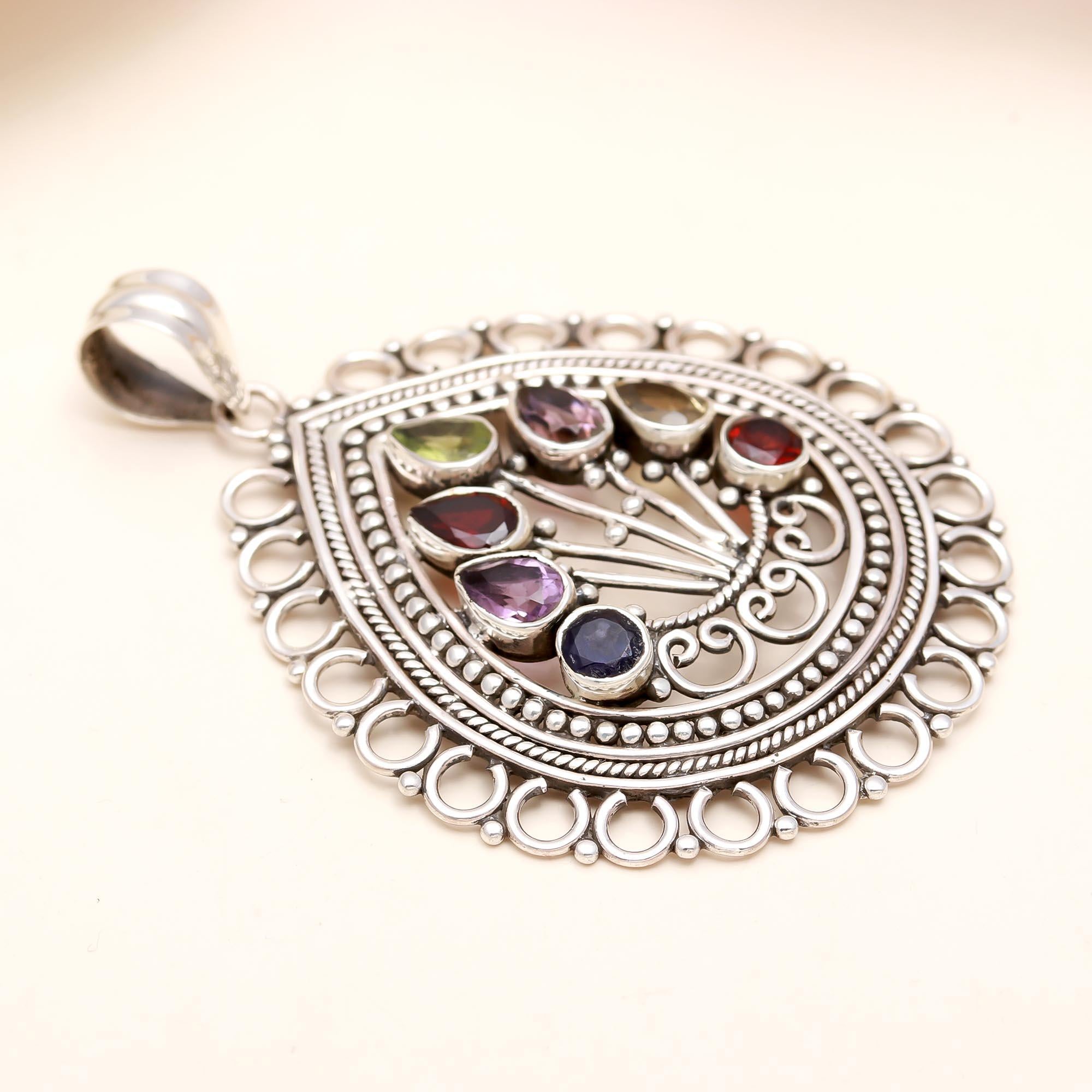 Handcrafted Sterling Silver Multigem Pendant Necklace