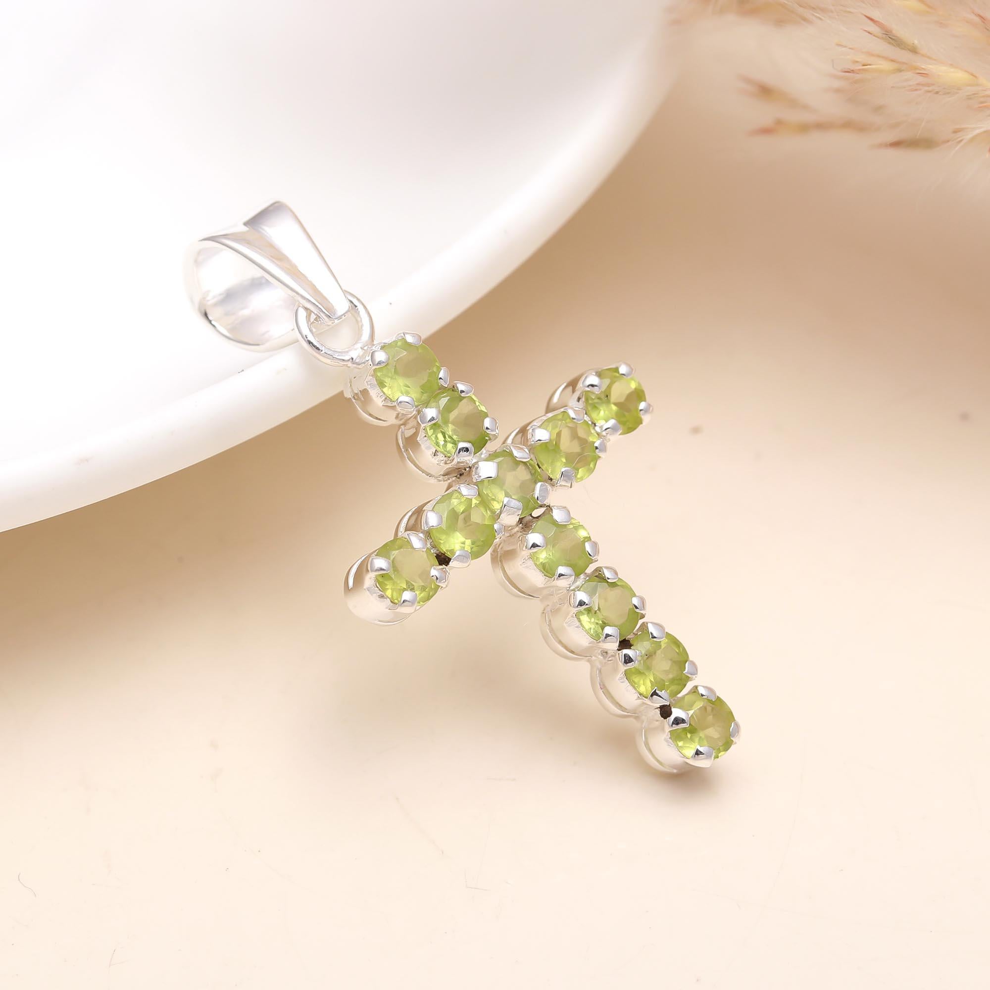 Peridot Cross Pendant in 925 Sterling Silver