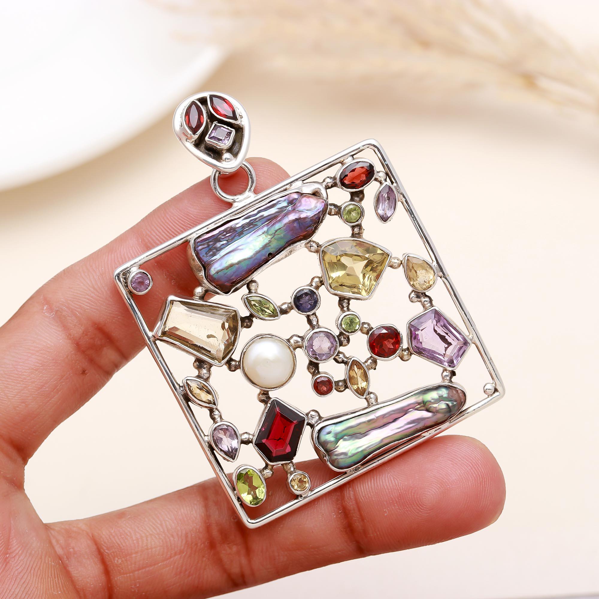 The Kaleidoscope Square: Multi-Gemstone & Biwa Pearl Pendant
