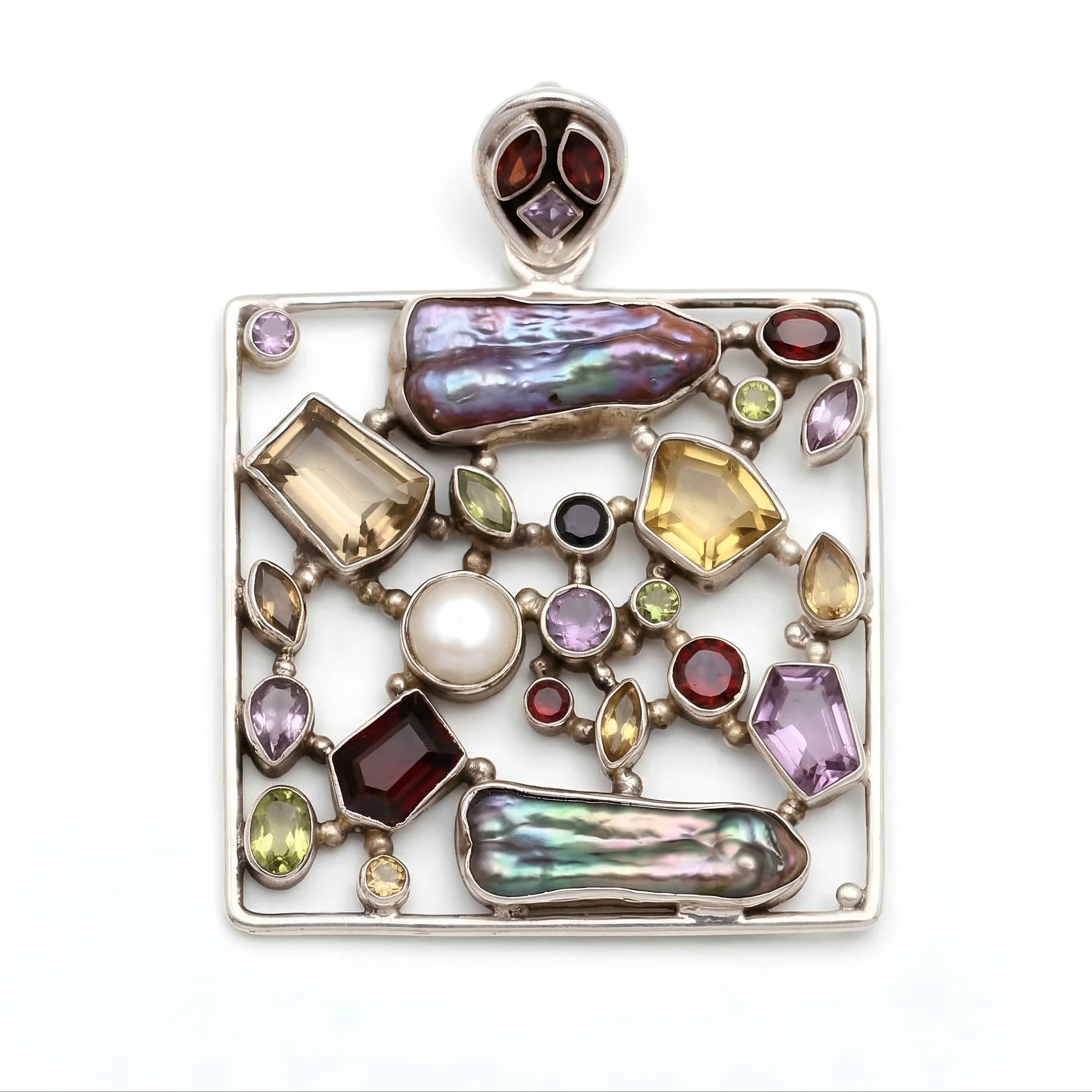 The Kaleidoscope Square: Multi-Gemstone & Biwa Pearl Pendant