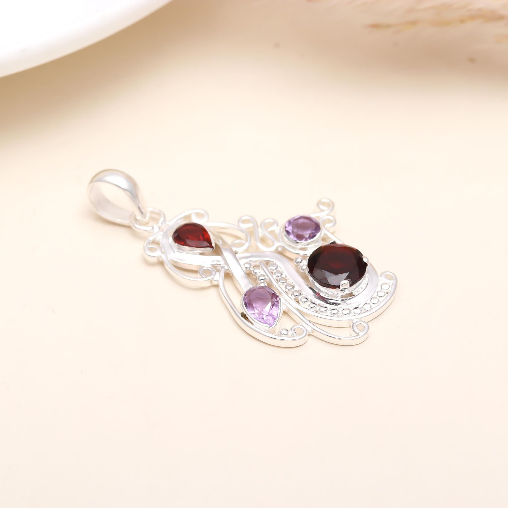 925 Sterling Silver Amethyst and Garnet Pendant