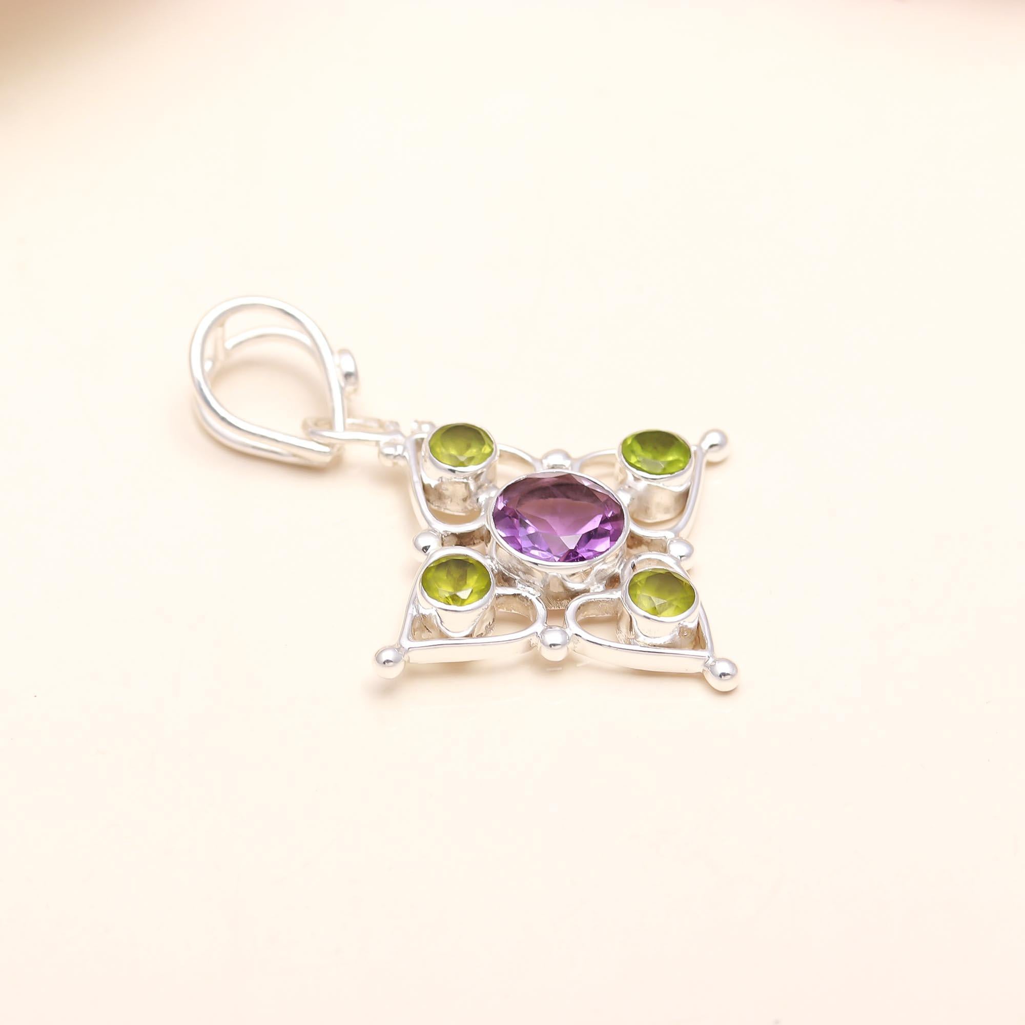 Green Purple Amethyst Peridot Silver Pendant
