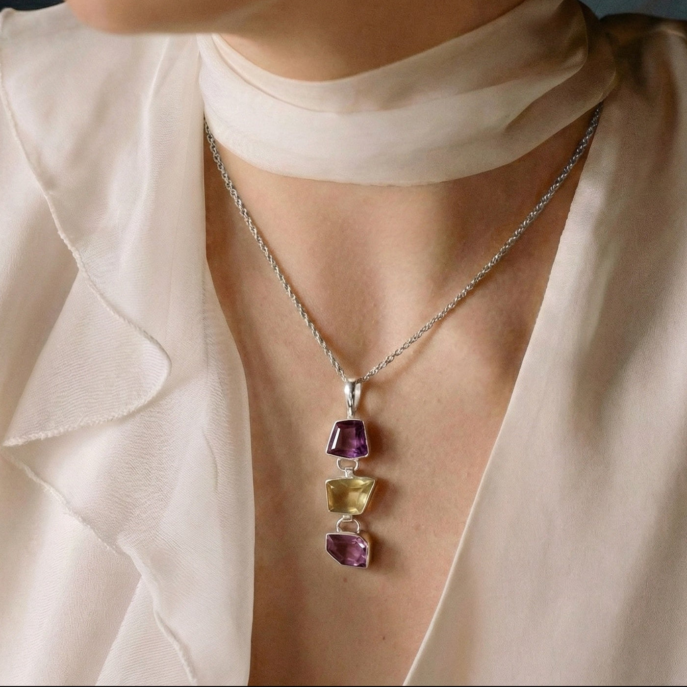 The Geometric Cascade: Amethyst & Lemon Quartz Silver Pendant