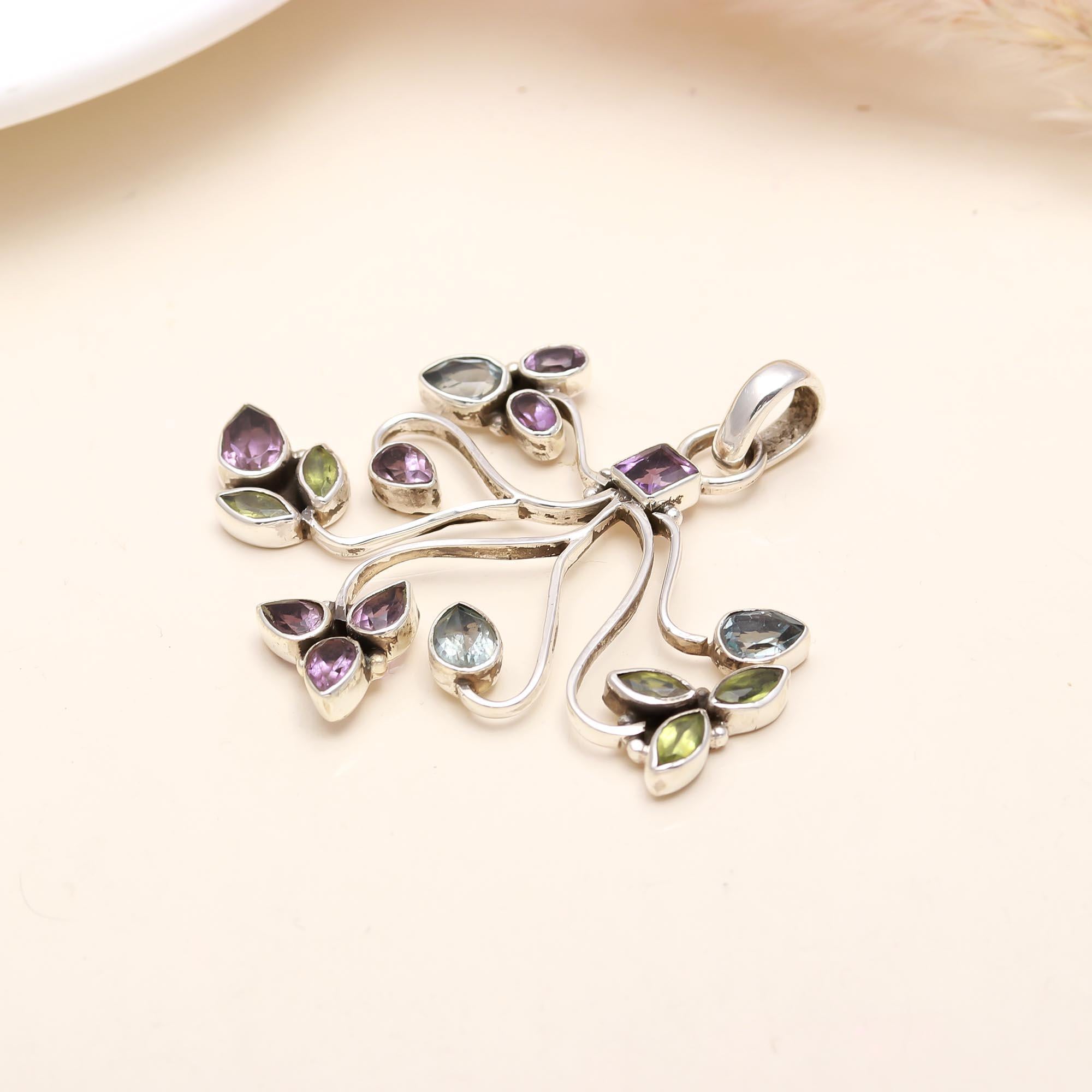 The Garden Bloom: Multi-Stone Floral Branch Silver Pendant