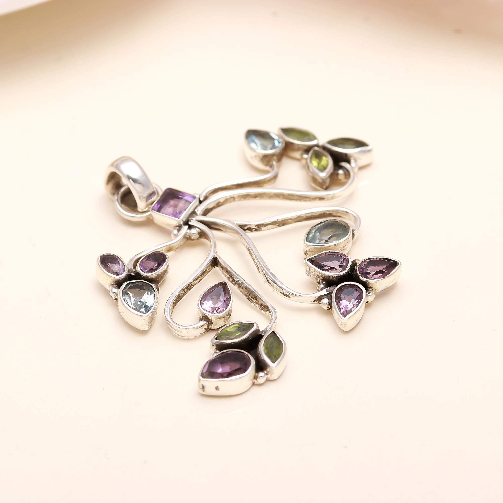 The Garden Bloom: Multi-Stone Floral Branch Silver Pendant