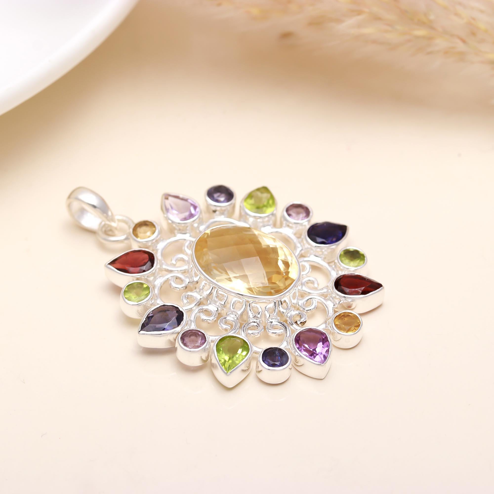 The Mandala Bloom: Multi-Gemstone Filigree Sunburst Pendant