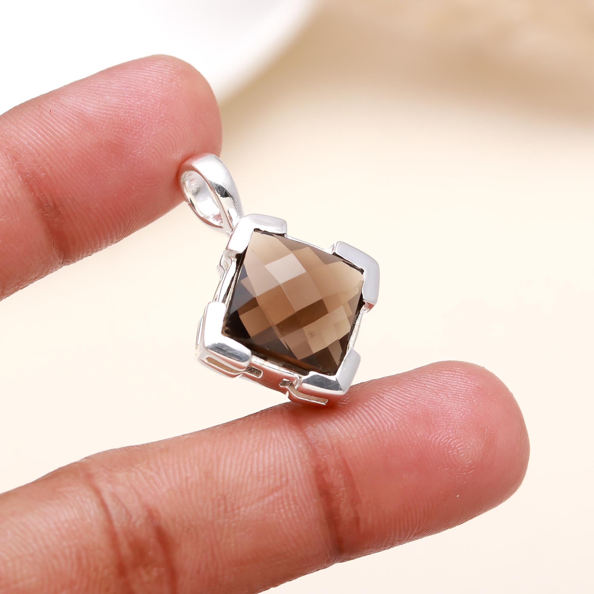 The Smoked Cube: Smoky Quartz Solitaire Silver Pendant