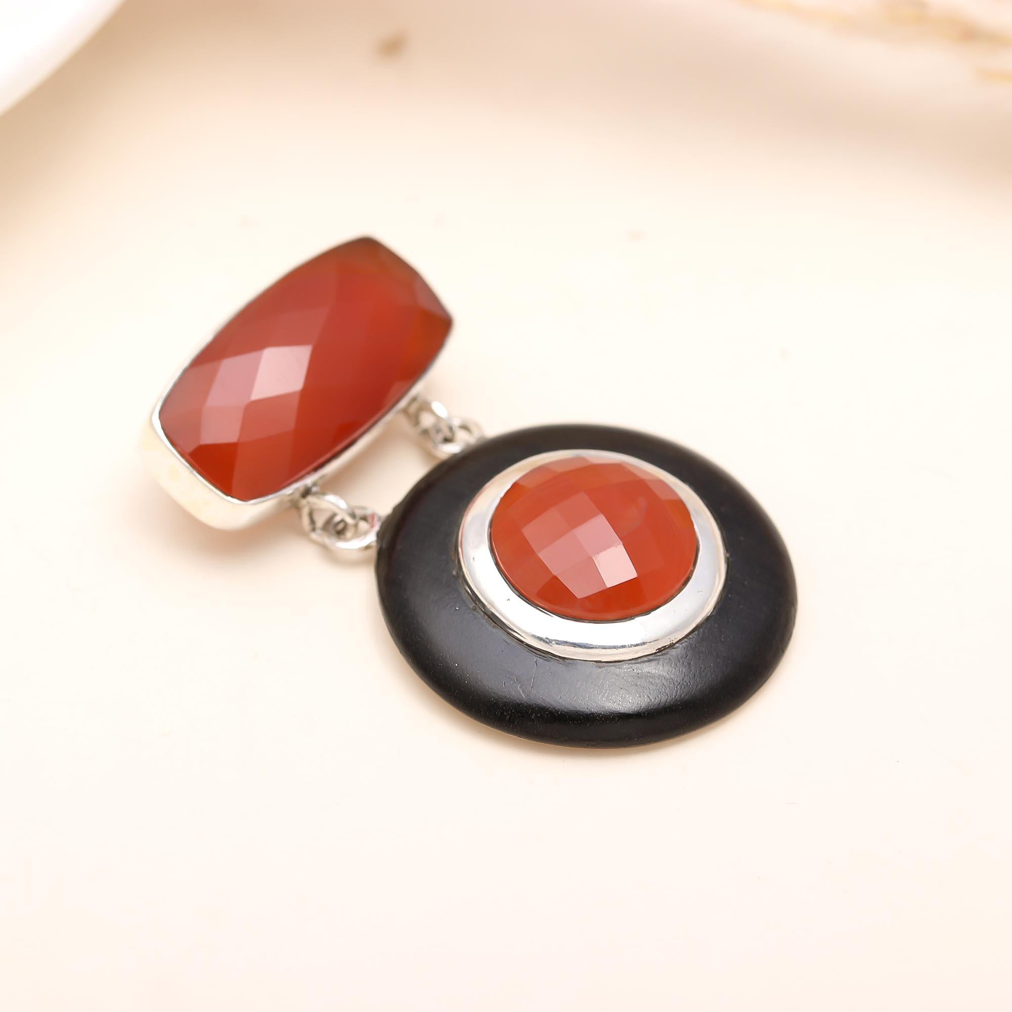 The Fire Ring: Carnelian Black Onyx Drop Silver Pendant