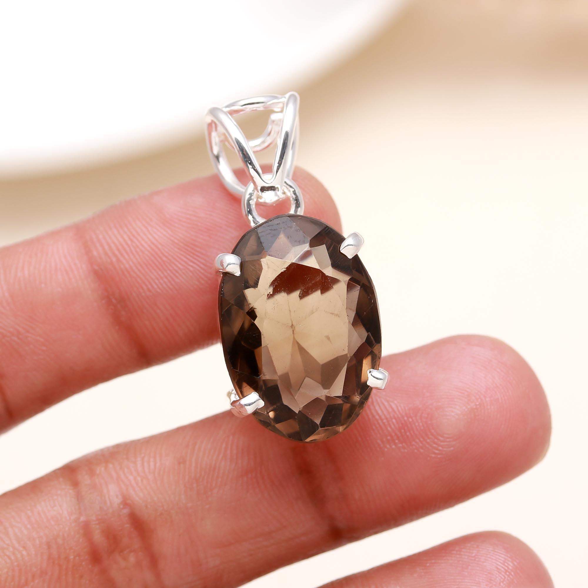 Smoky Quartz Silver Oval Pendant
