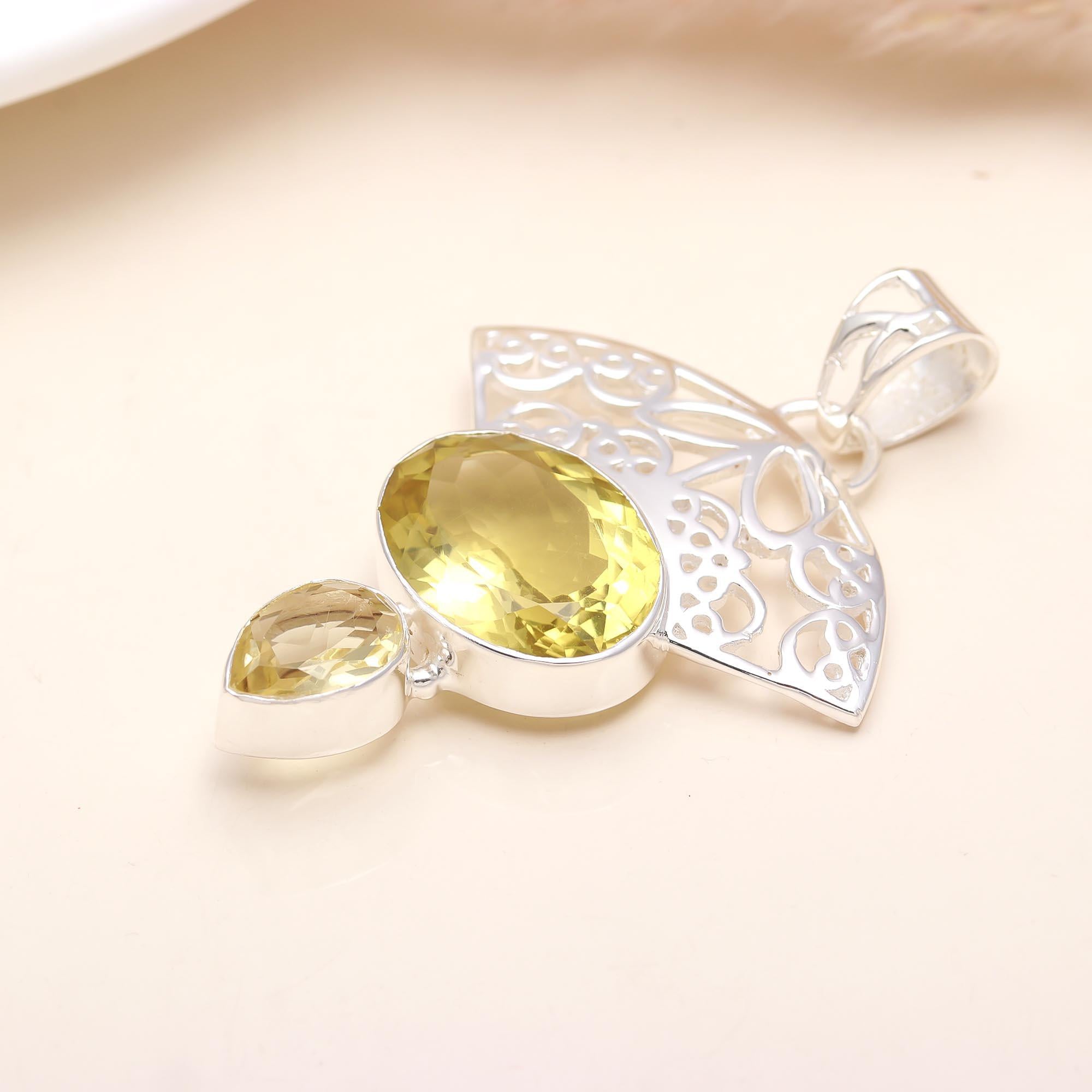 Natural Lemon Quartz Oval Pendant, Solid 925 Sterling Silver Pendant