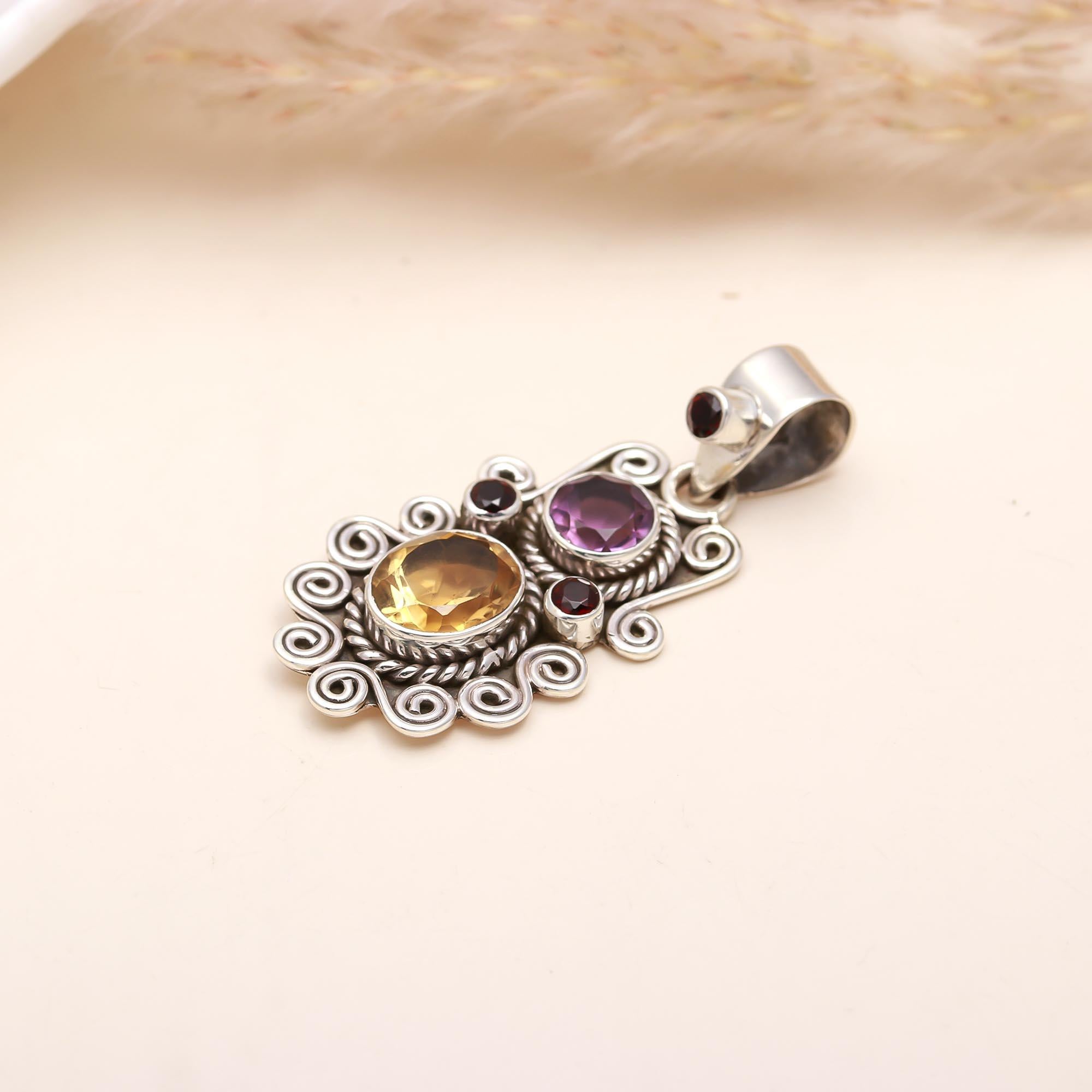 Citrine & Amethyst Vinatge Silver Pendant