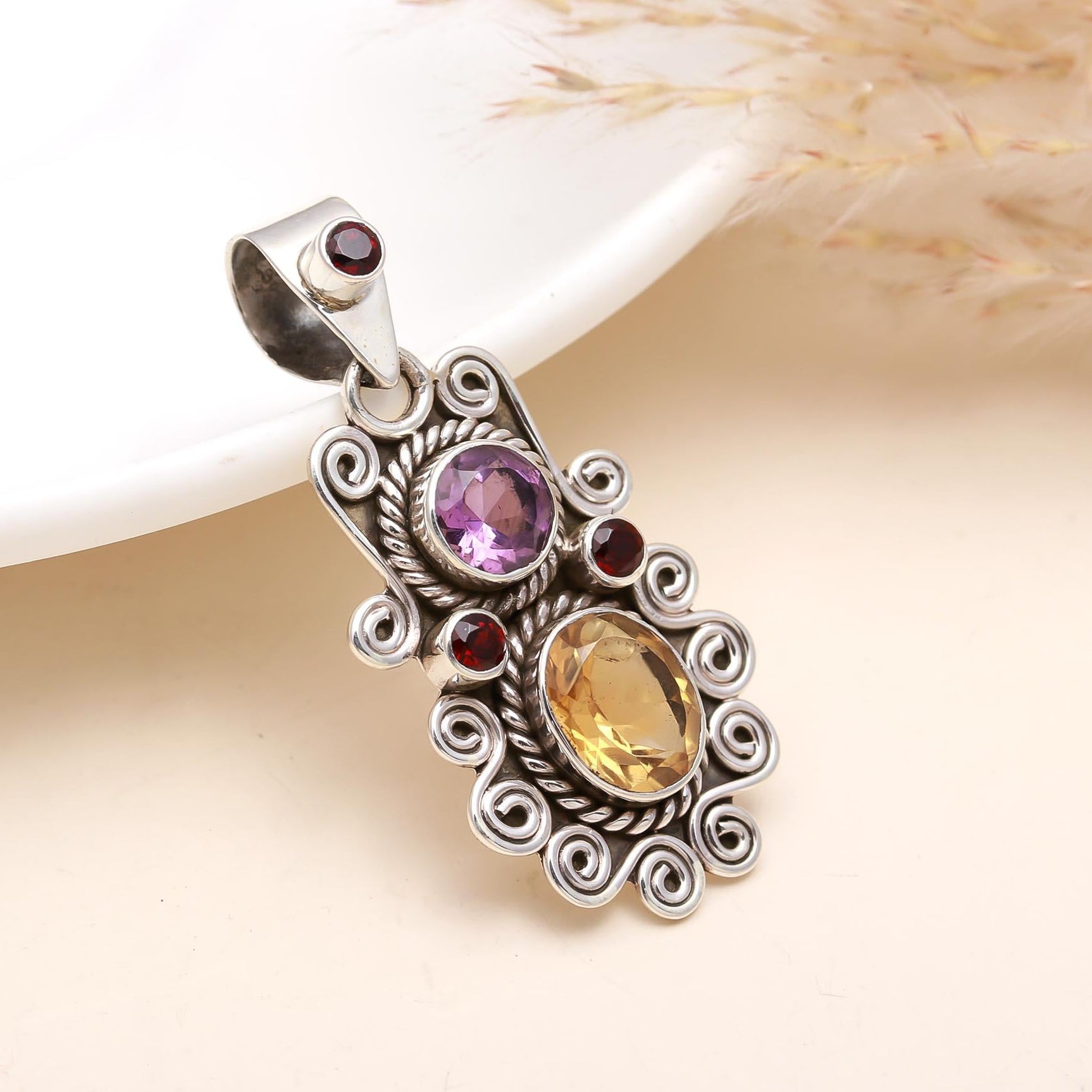 The Gemstone Harmony: Amethyst, Citrine & Garnet Pendant