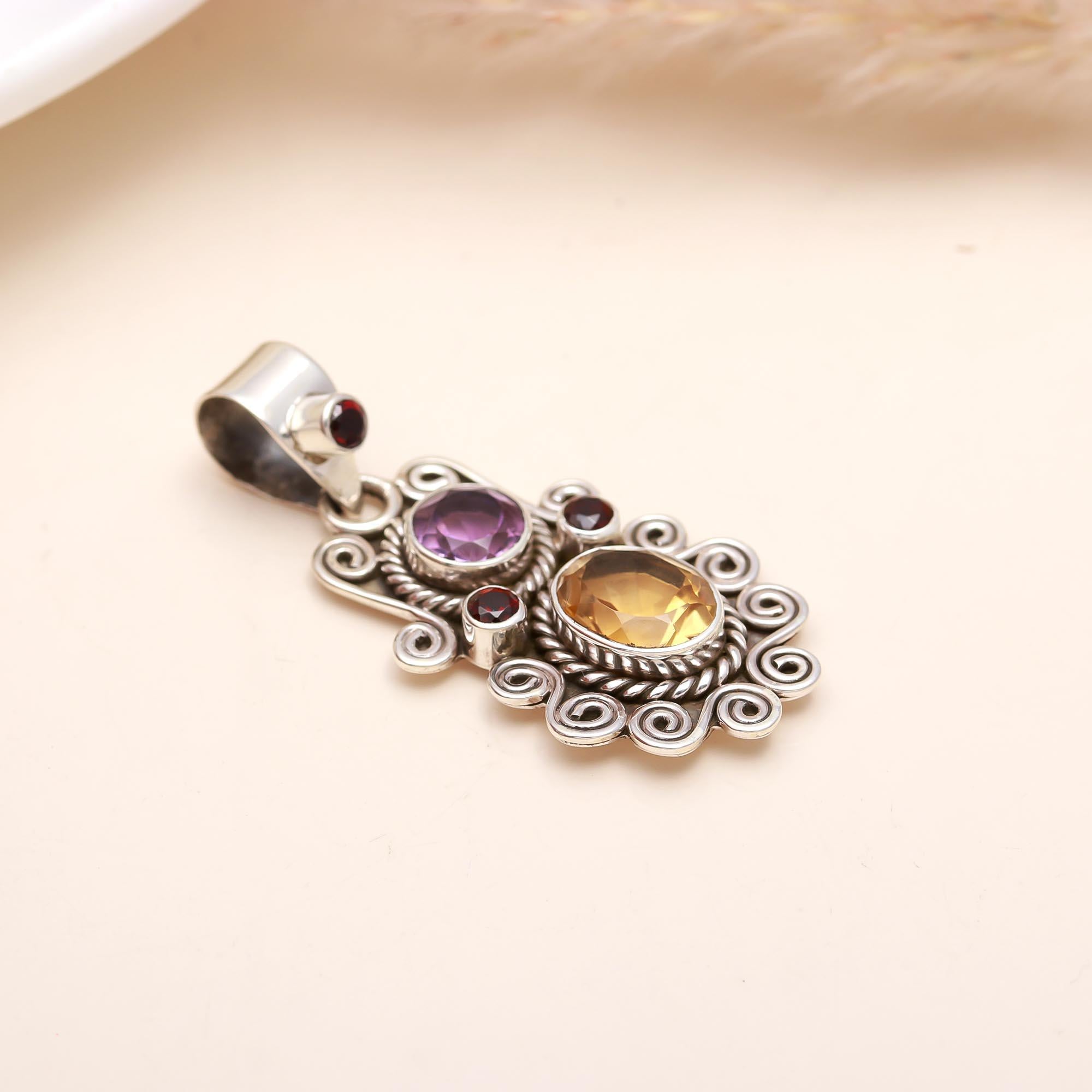 Citrine & Amethyst Vinatge Silver Pendant