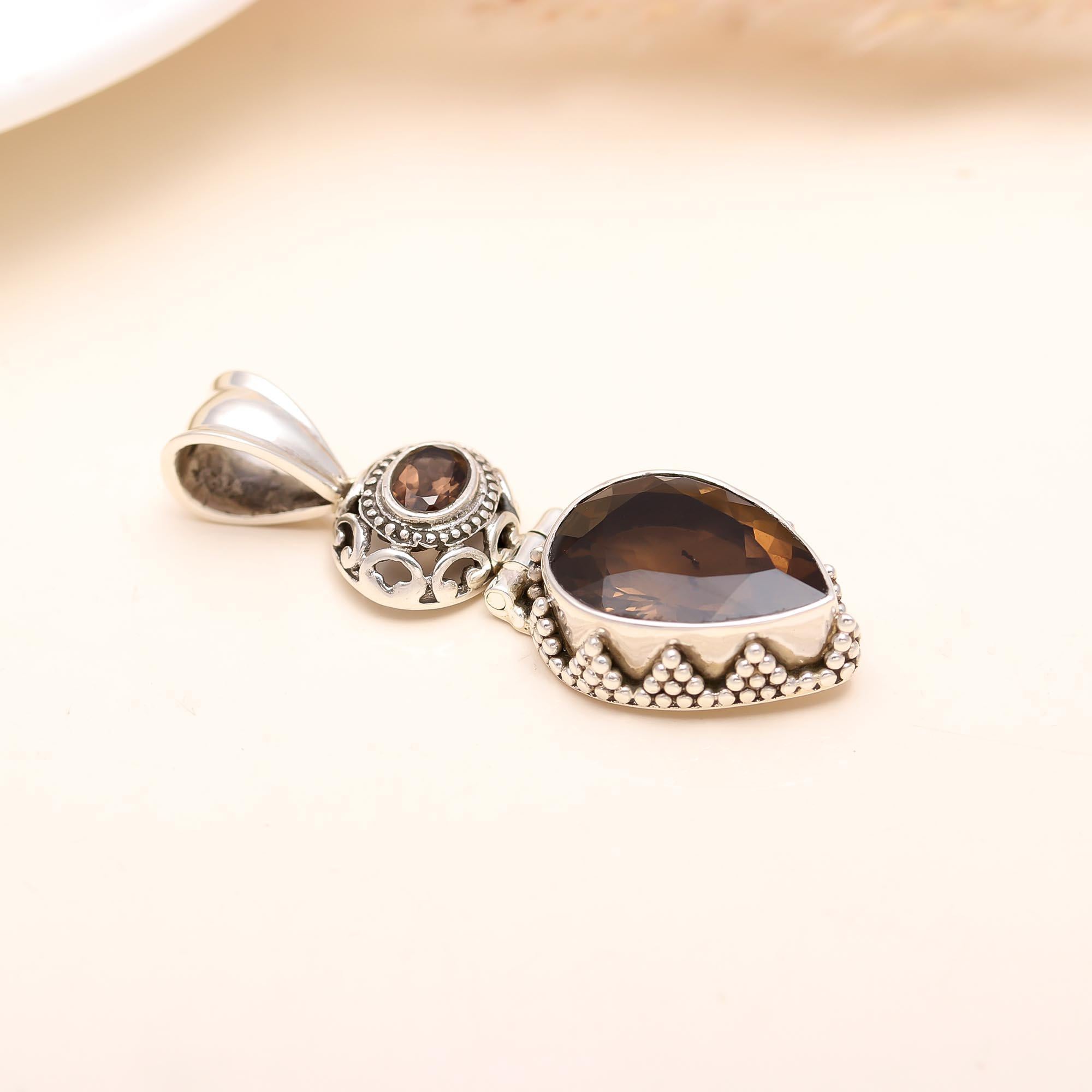 Smoky Quartz Pear Shape Gemstone Silver Pendant