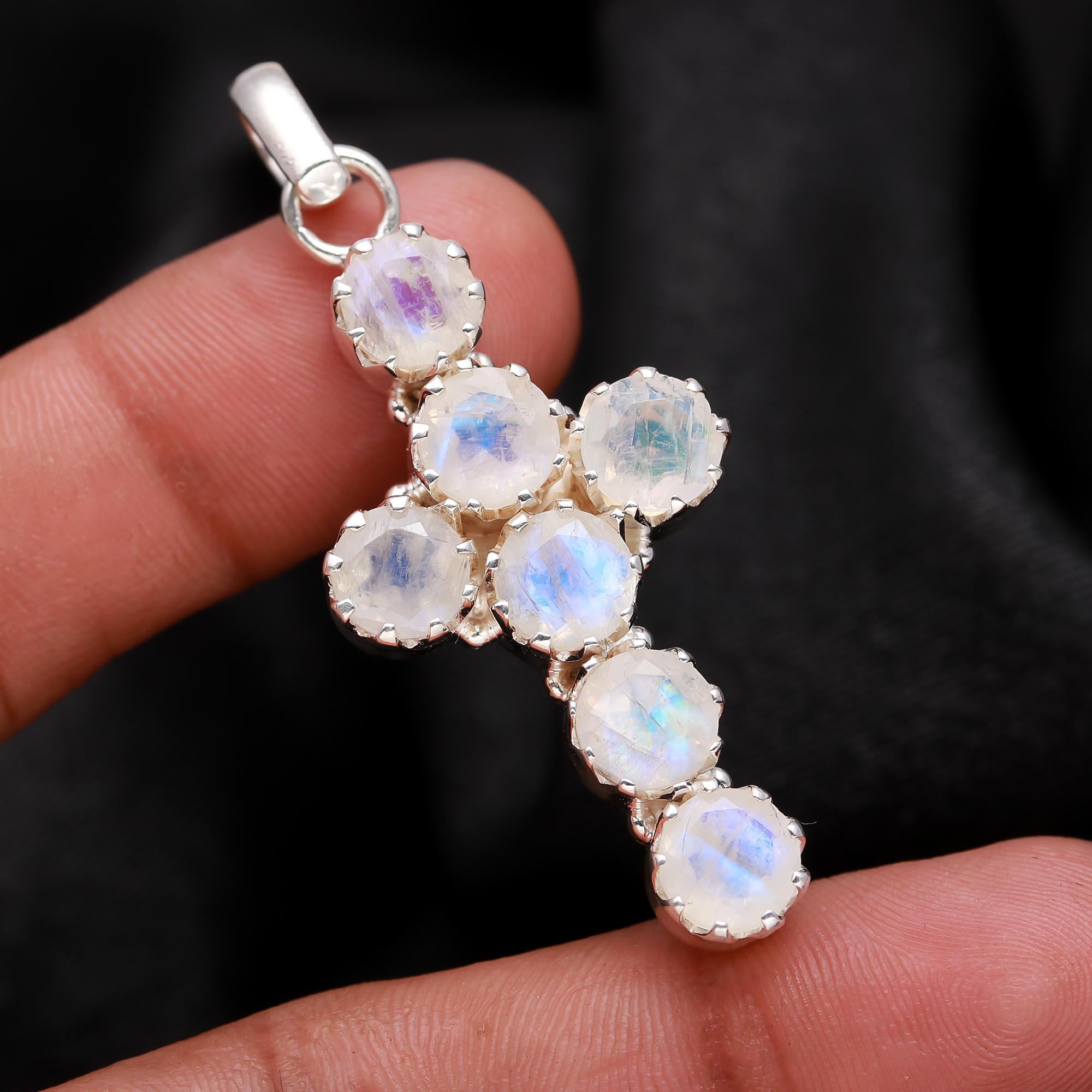Handmade Moonstone Prong Cross Birthstone Pendant