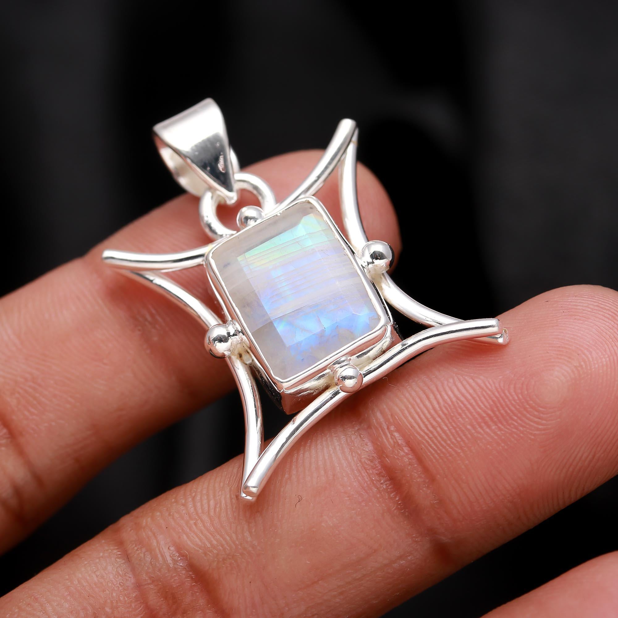 The Star Gate: Rainbow Moonstone Wing Silver Pendant