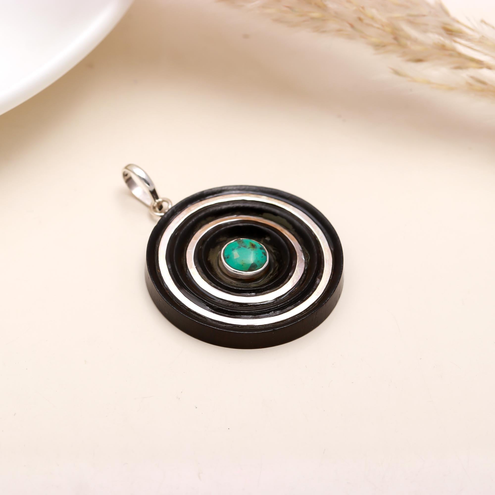 Silver Ebony Wood Turquoise Gemstone Spiral Pendant