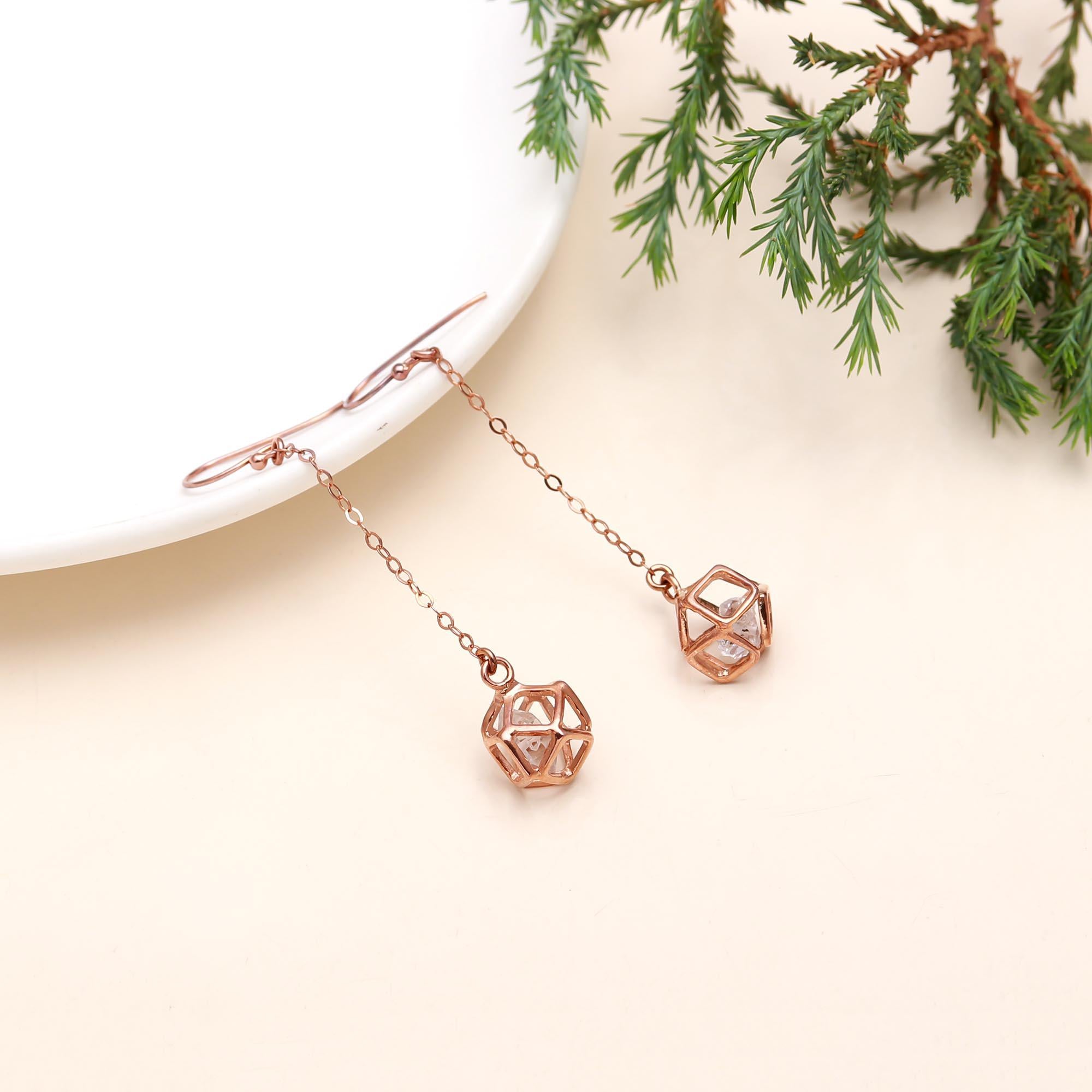 925 Sterling Silver Herkimer Diamond Cage Earrings Handmade Long Drop Earrings