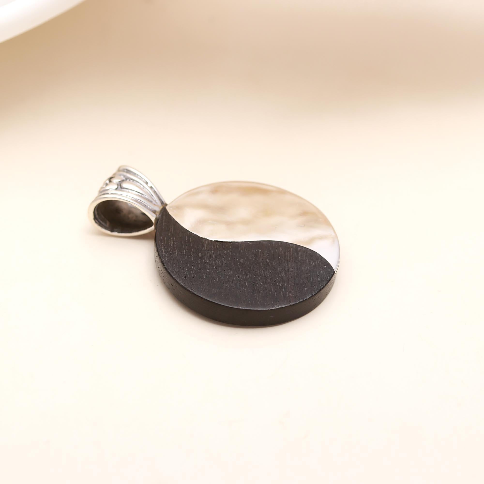 Round Ebony wood and Sterling Silver Pendant