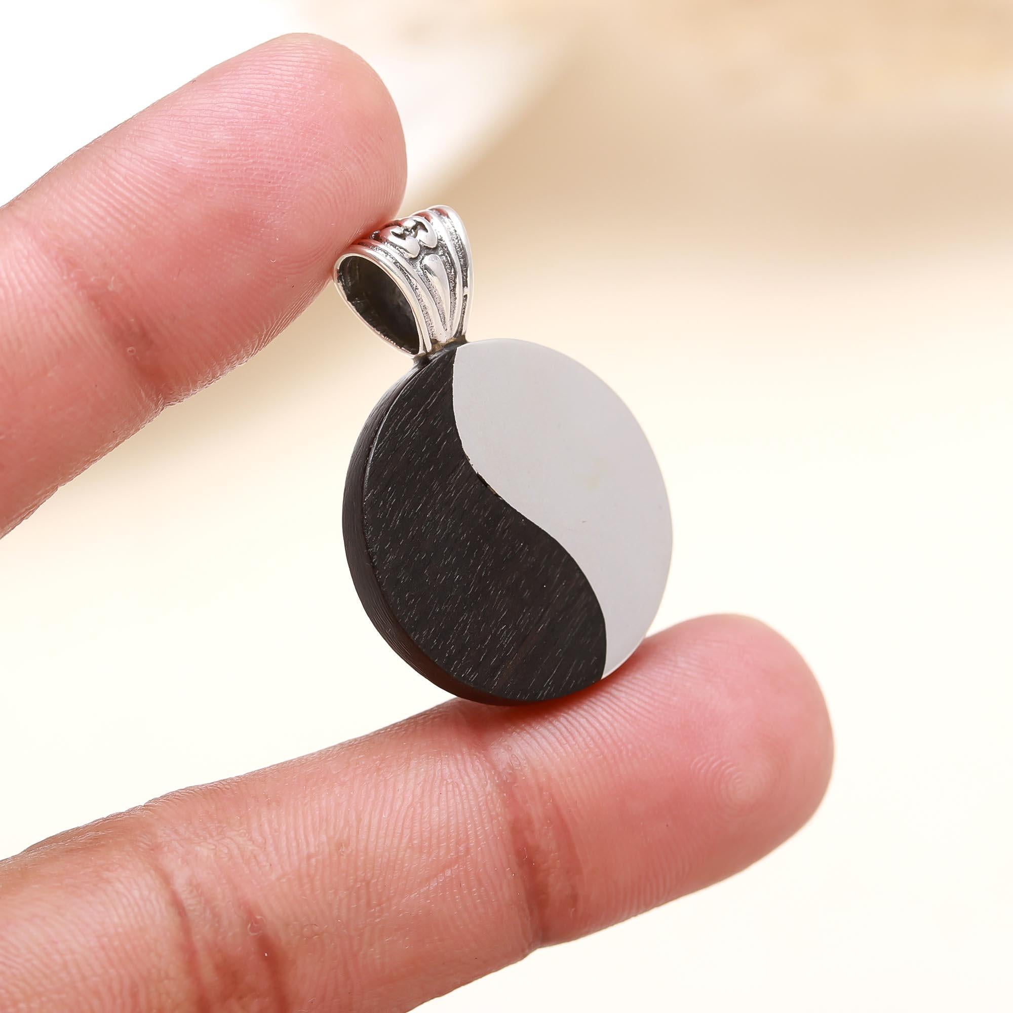Round Ebony wood and Sterling Silver Pendant