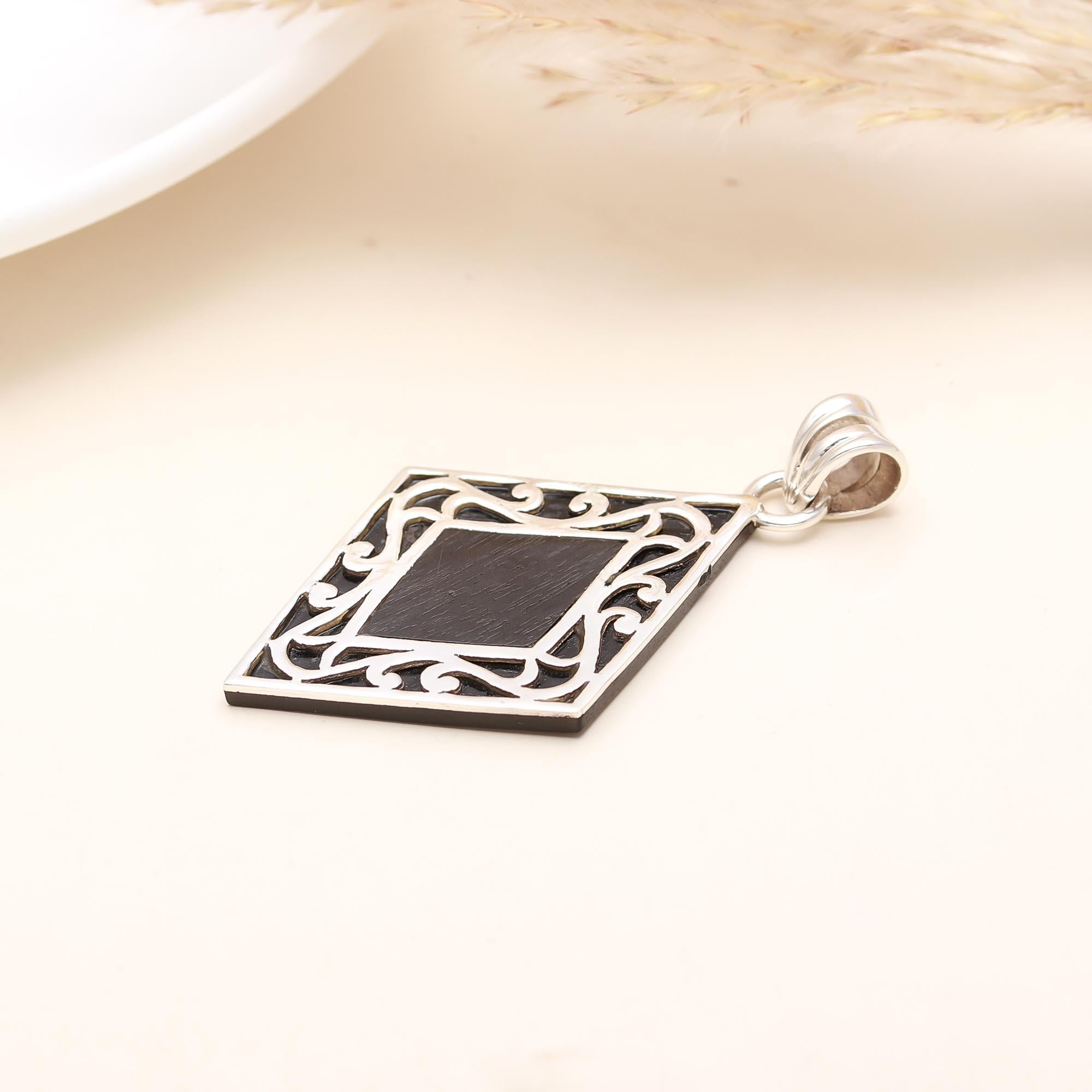 Vintage Sterling Ebony Wood Diamond Shape Pendant