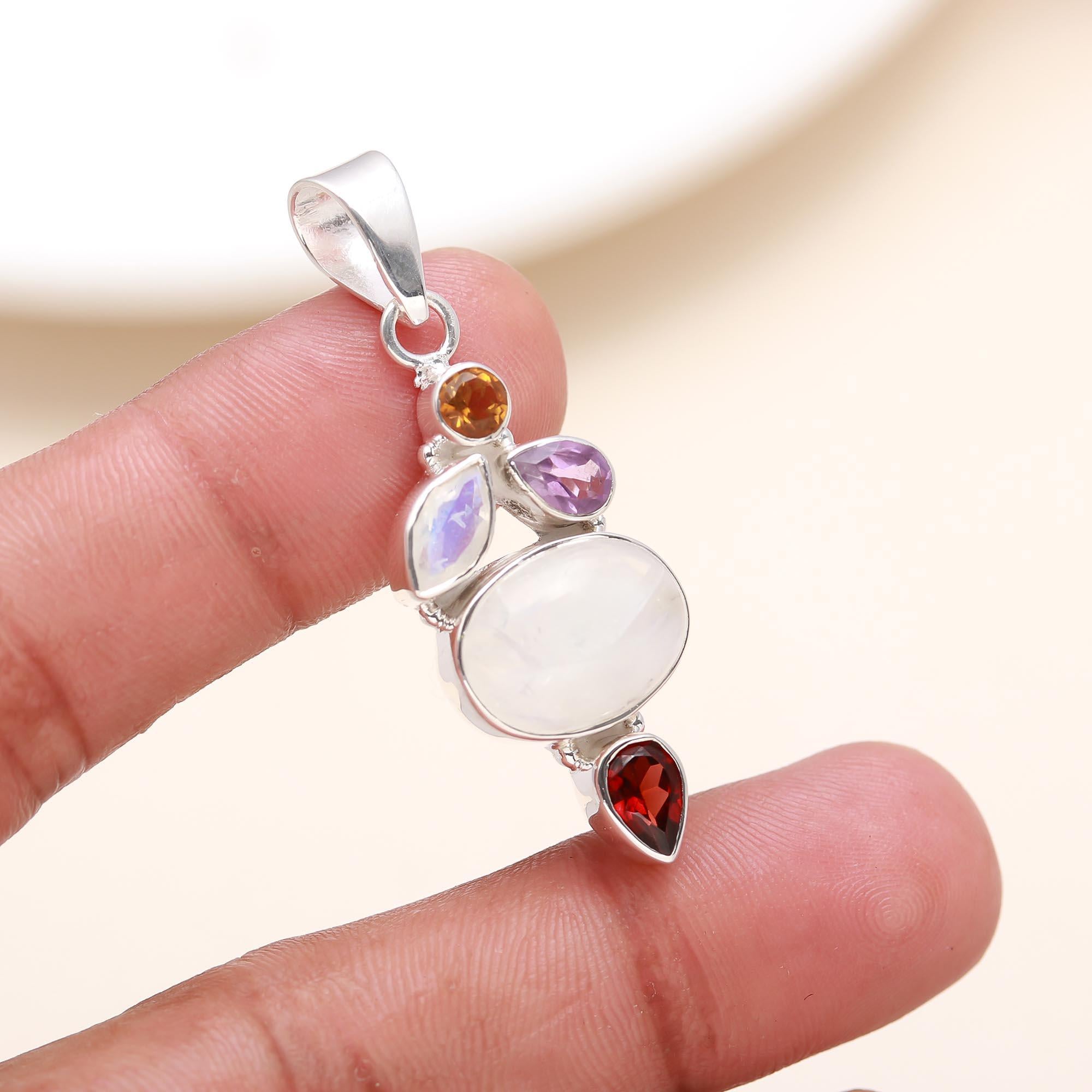 The Celestial Harmony: Multi-Gemstone Silver Pendant