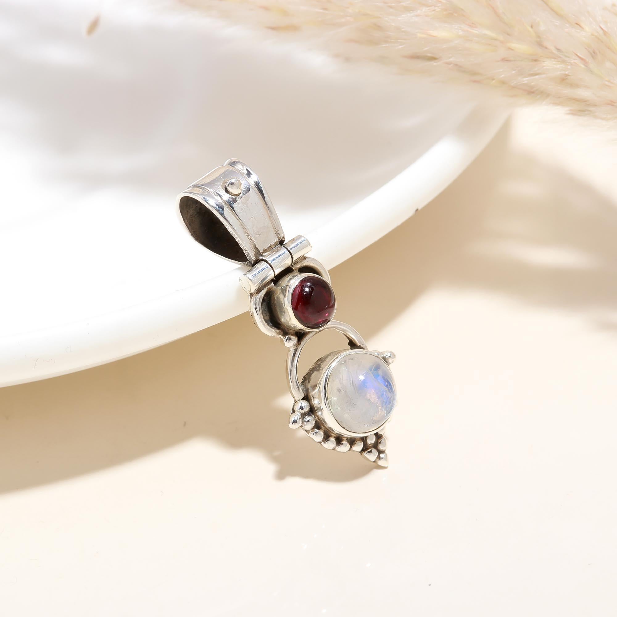 925 Silver Moonstone and Garnet Pendant