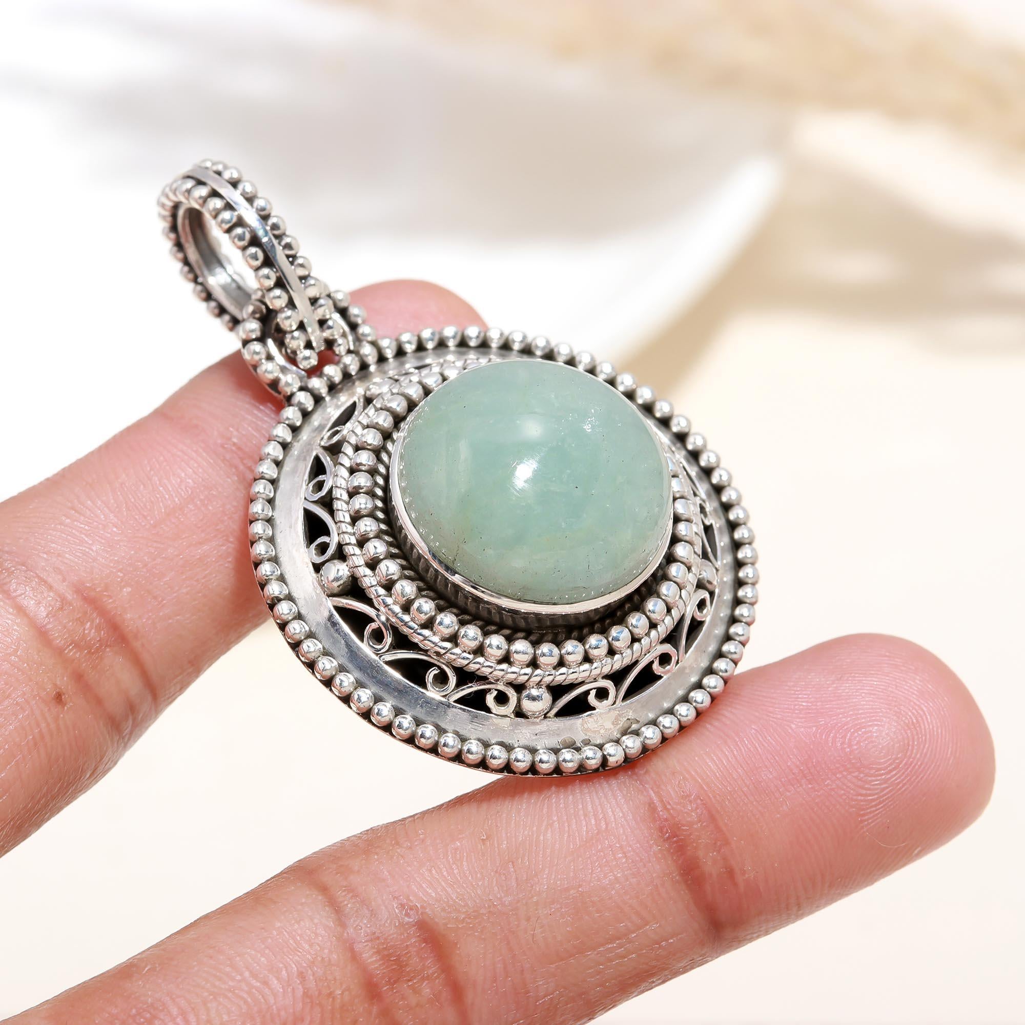 Aquamarine Silver necklace circle filigree pendant