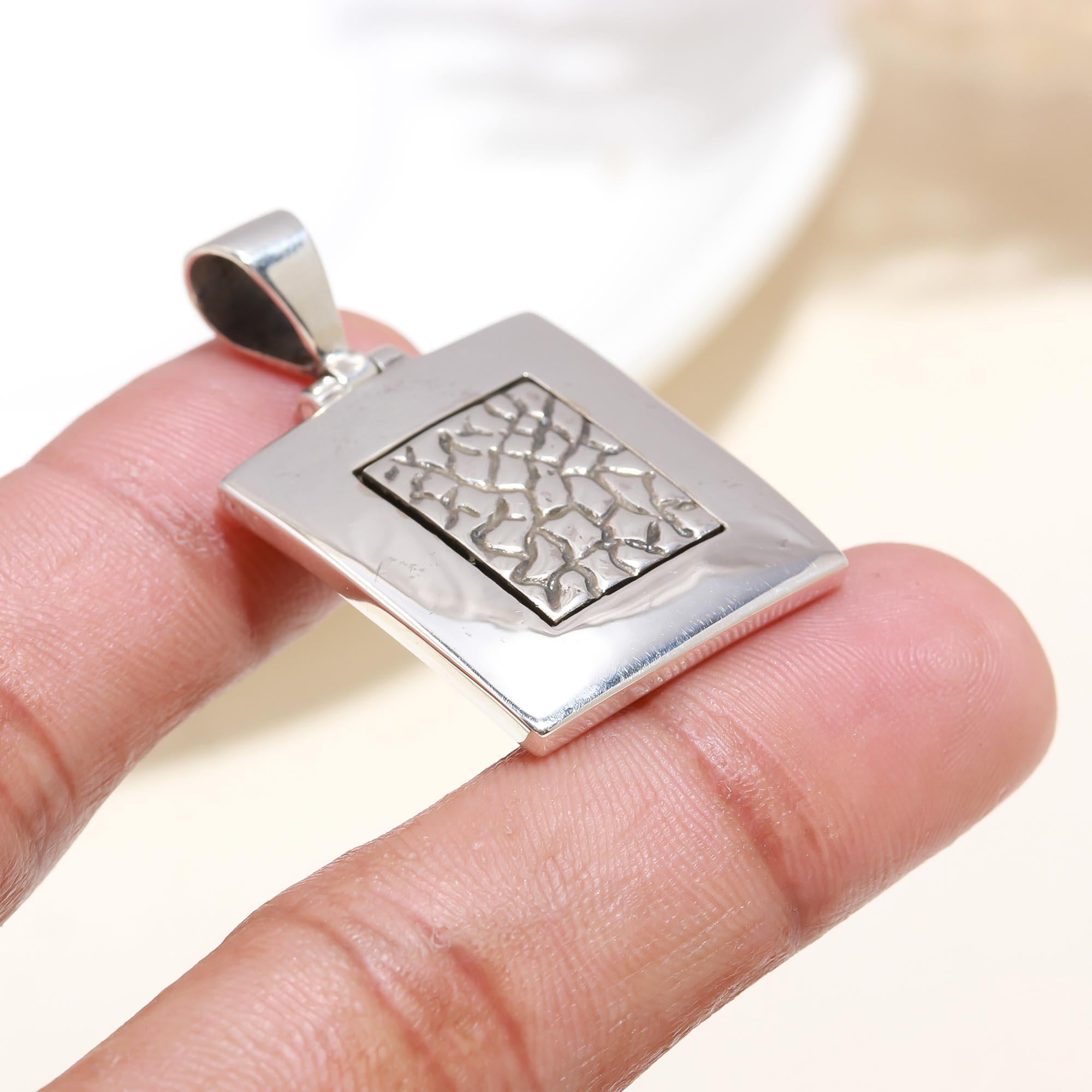 The Stone Tile: Hammered Crackle Texture Square Silver Pendant