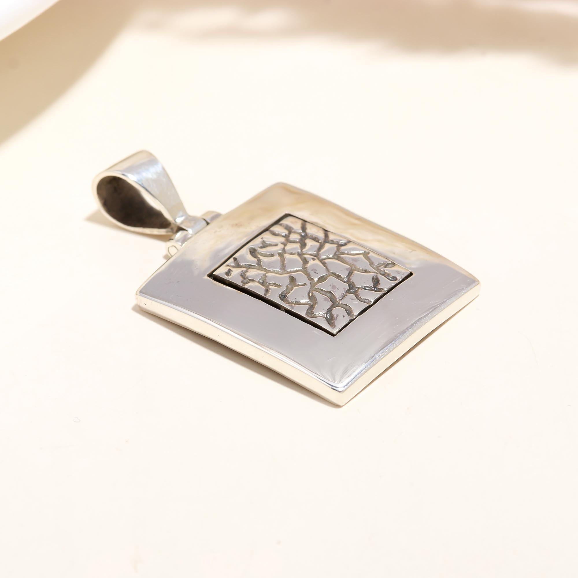 The Stone Tile: Hammered Crackle Texture Square Silver Pendant