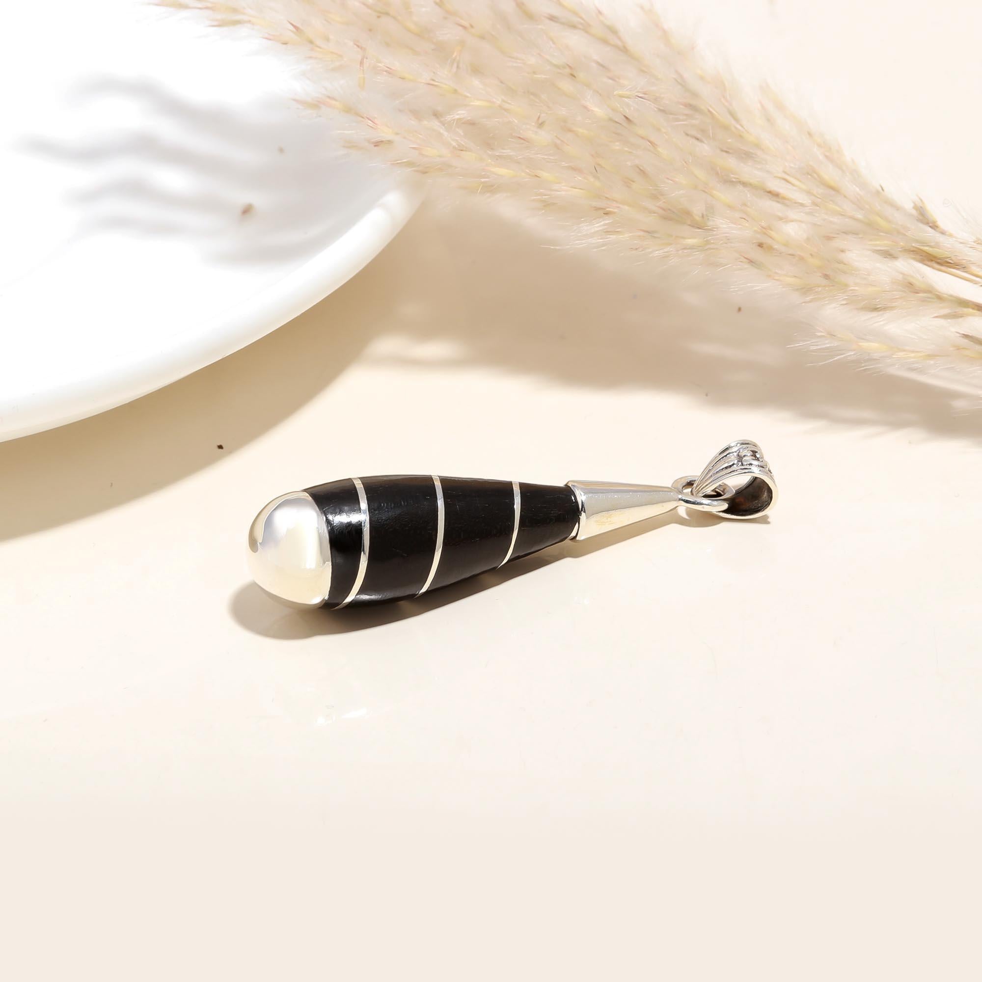 The Black Torpedo: Ebony Wood & Silver Stripe Teardrop Pendant