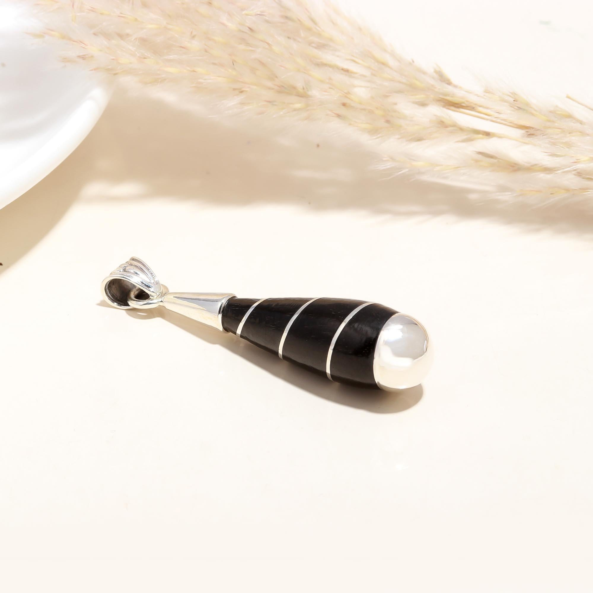 The Black Torpedo: Ebony Wood & Silver Stripe Teardrop Pendant