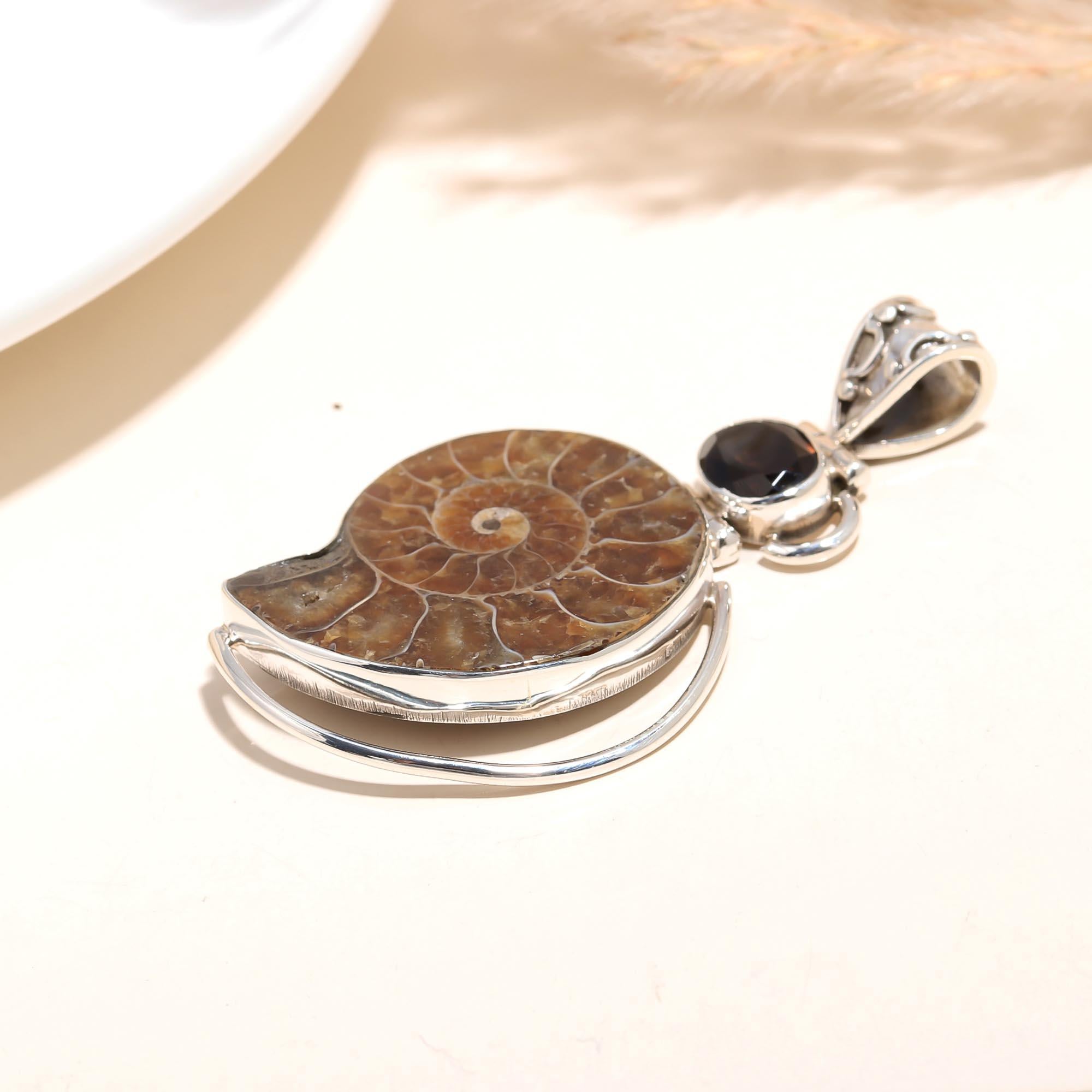 Natural Ammonite Fossil Snail Gemstone Silver Plated Pendant