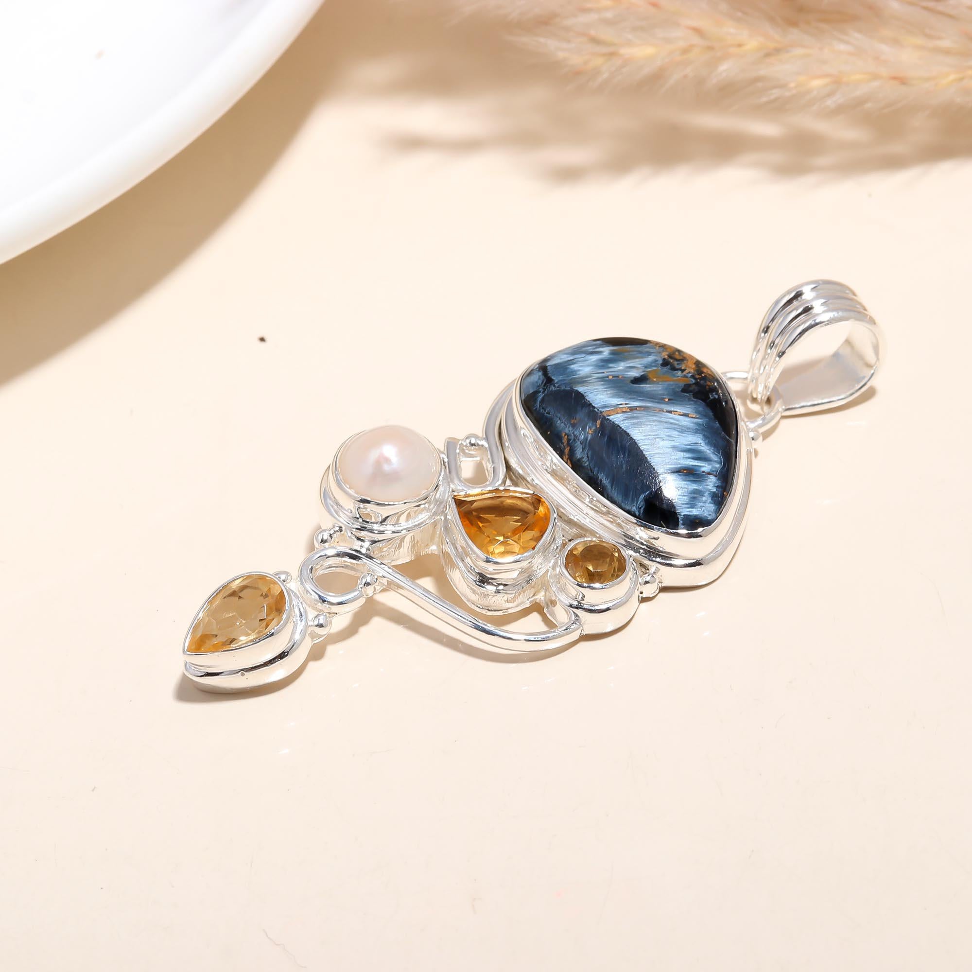 The Pietersite Storm: Pietersite & Pearl Asymmetrical Pendant